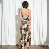 FENS - Open-back velvet maxi dress with patchwork pattern