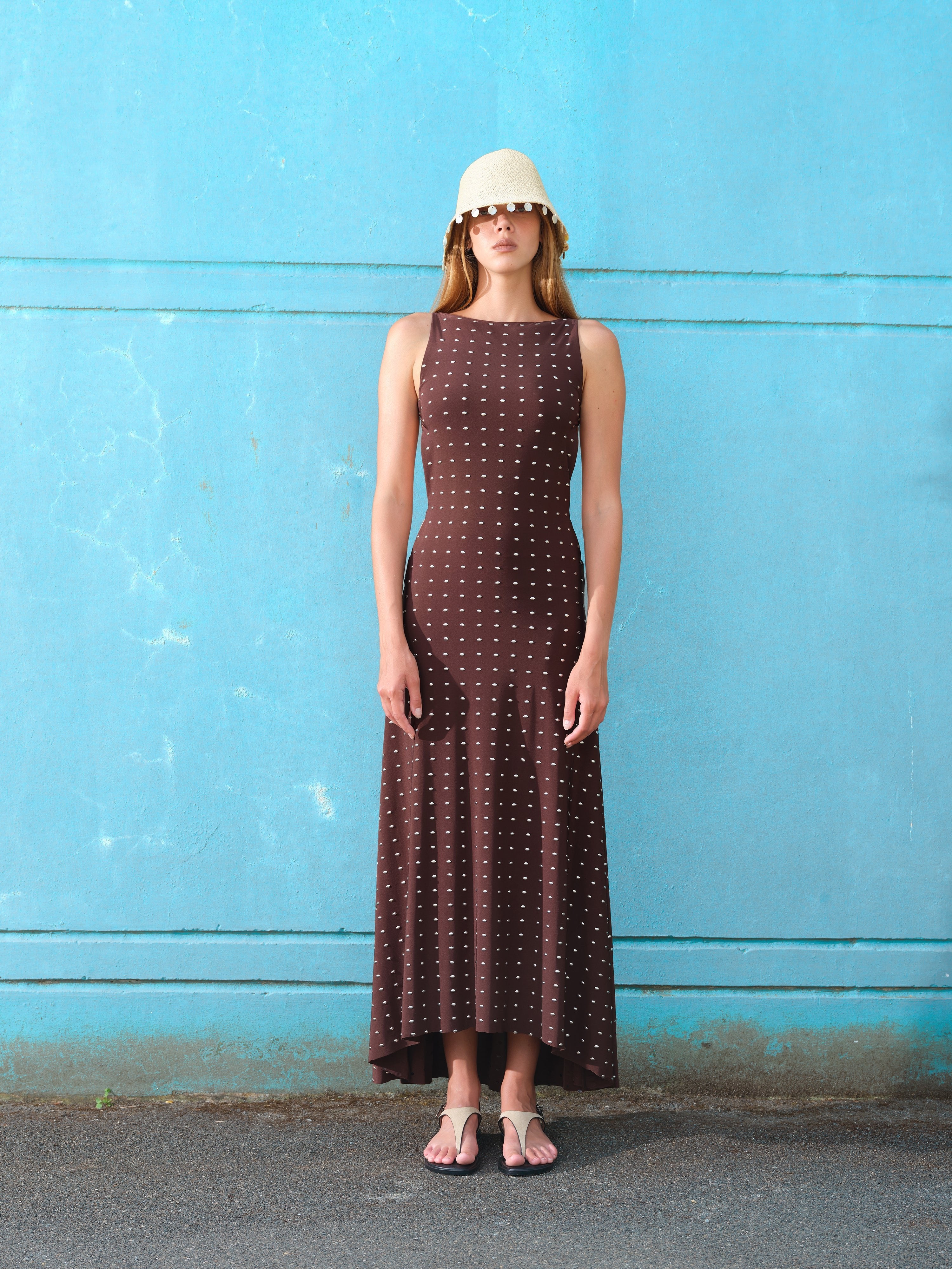 GRACE - Sleeveless maxi dress in stretch jersey with all-over metal studs