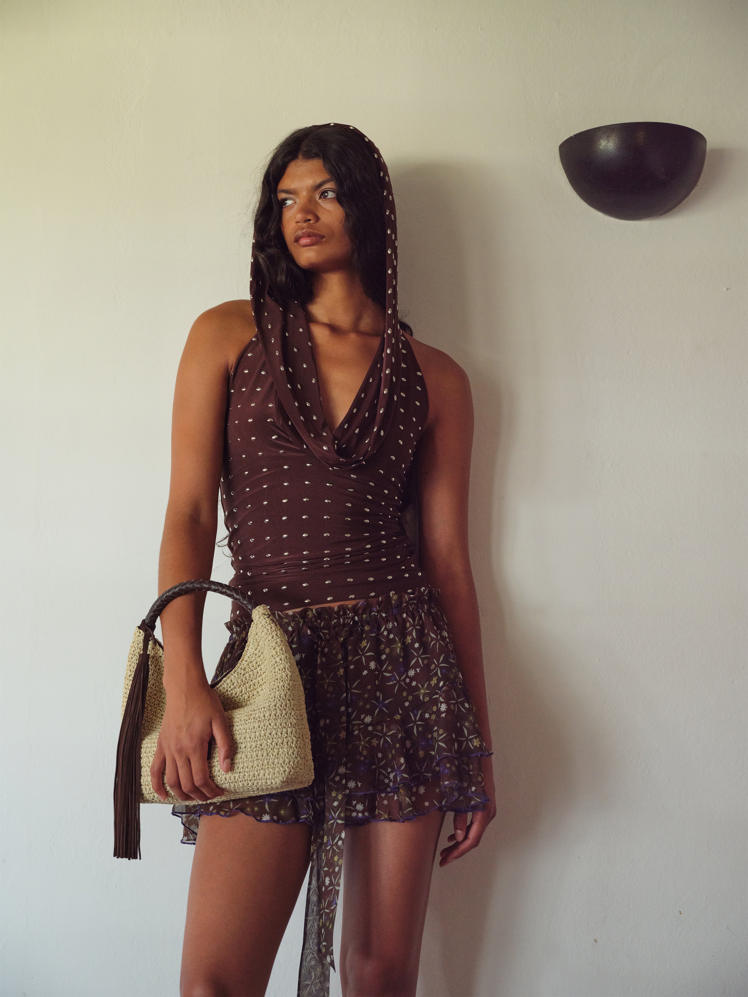 HUNNI - Cape detailed studded jersey top