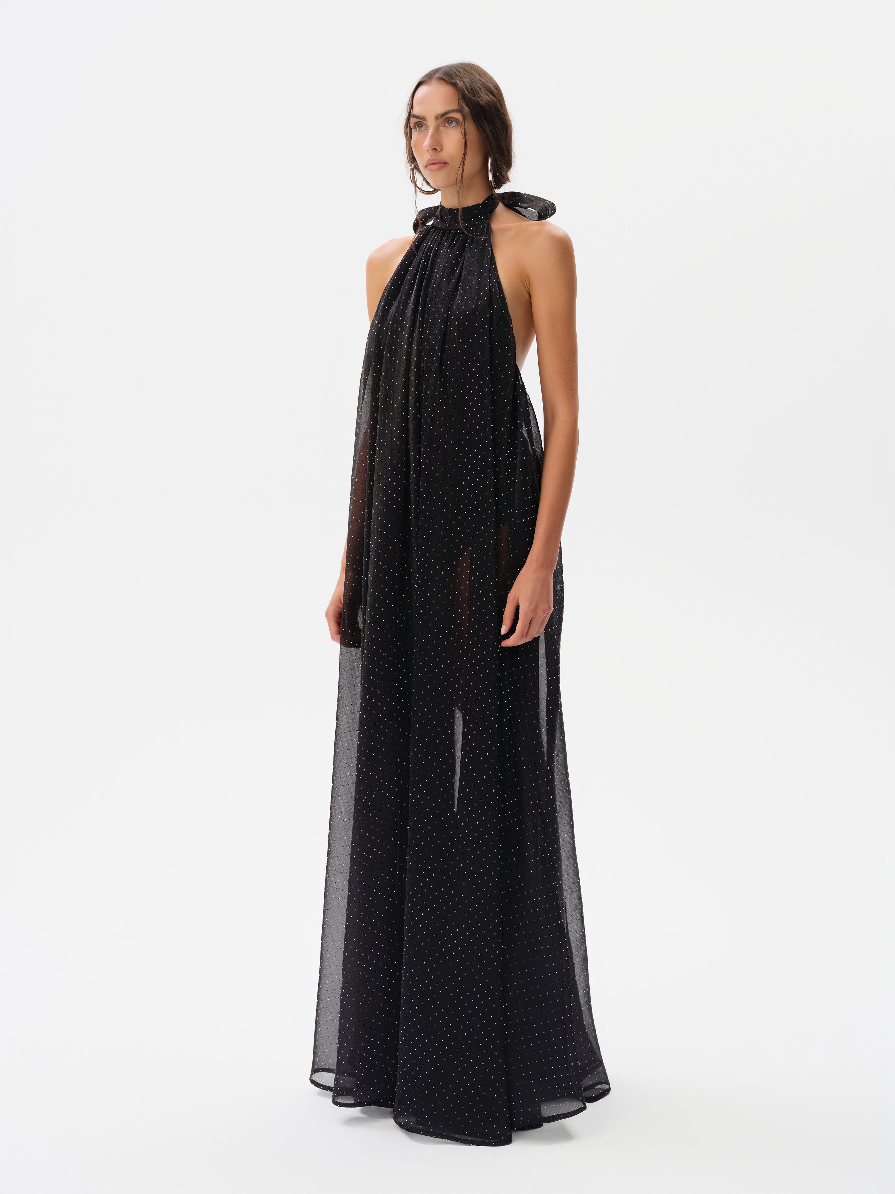 IRIS - Open-back halter neck chiffon glitter dress