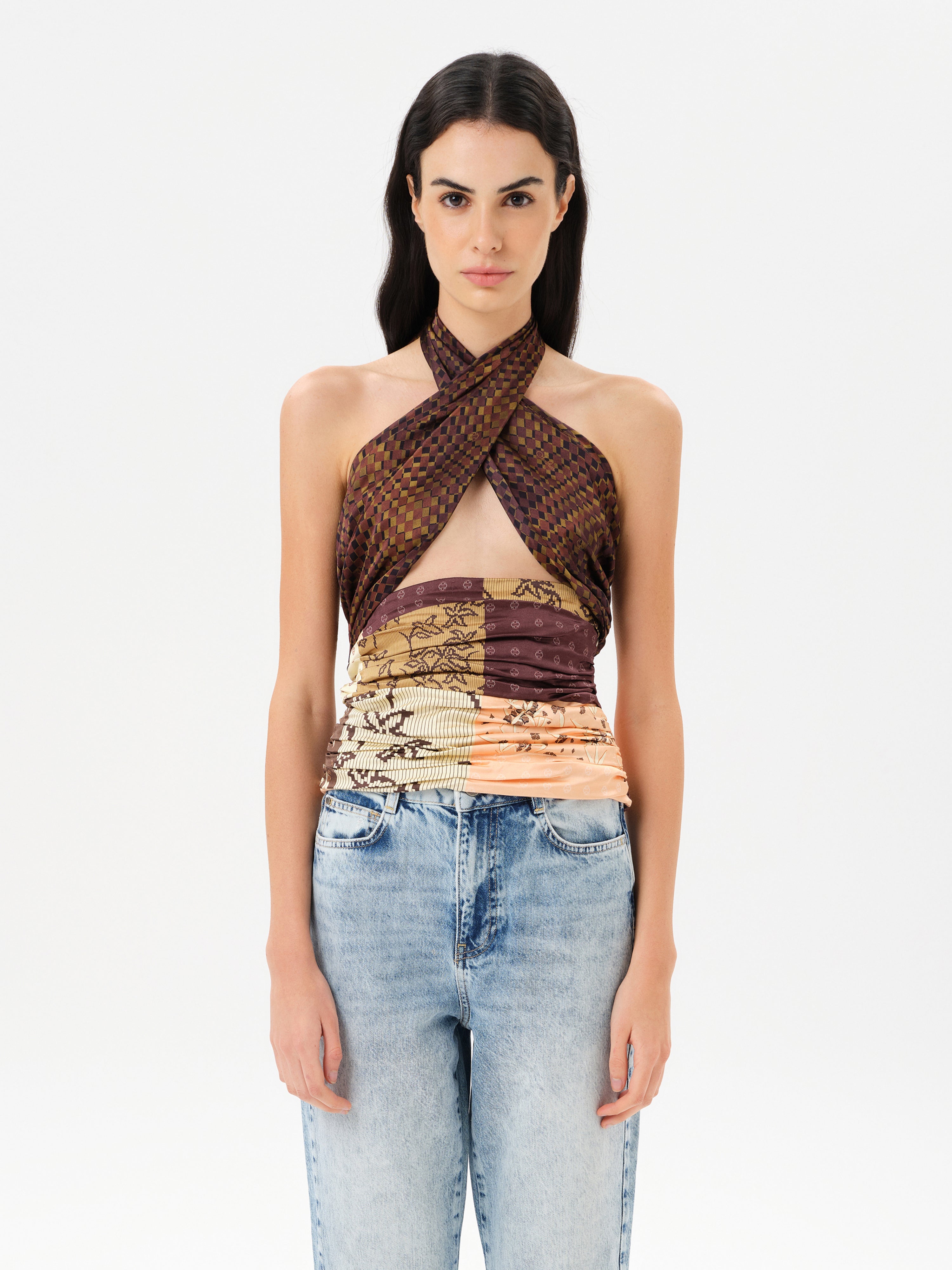 カットソー(長袖/七分) Patchwork Mesh Tops IZZY - Multi-pattern patchwork halter top by SIEDRÉS | Official
