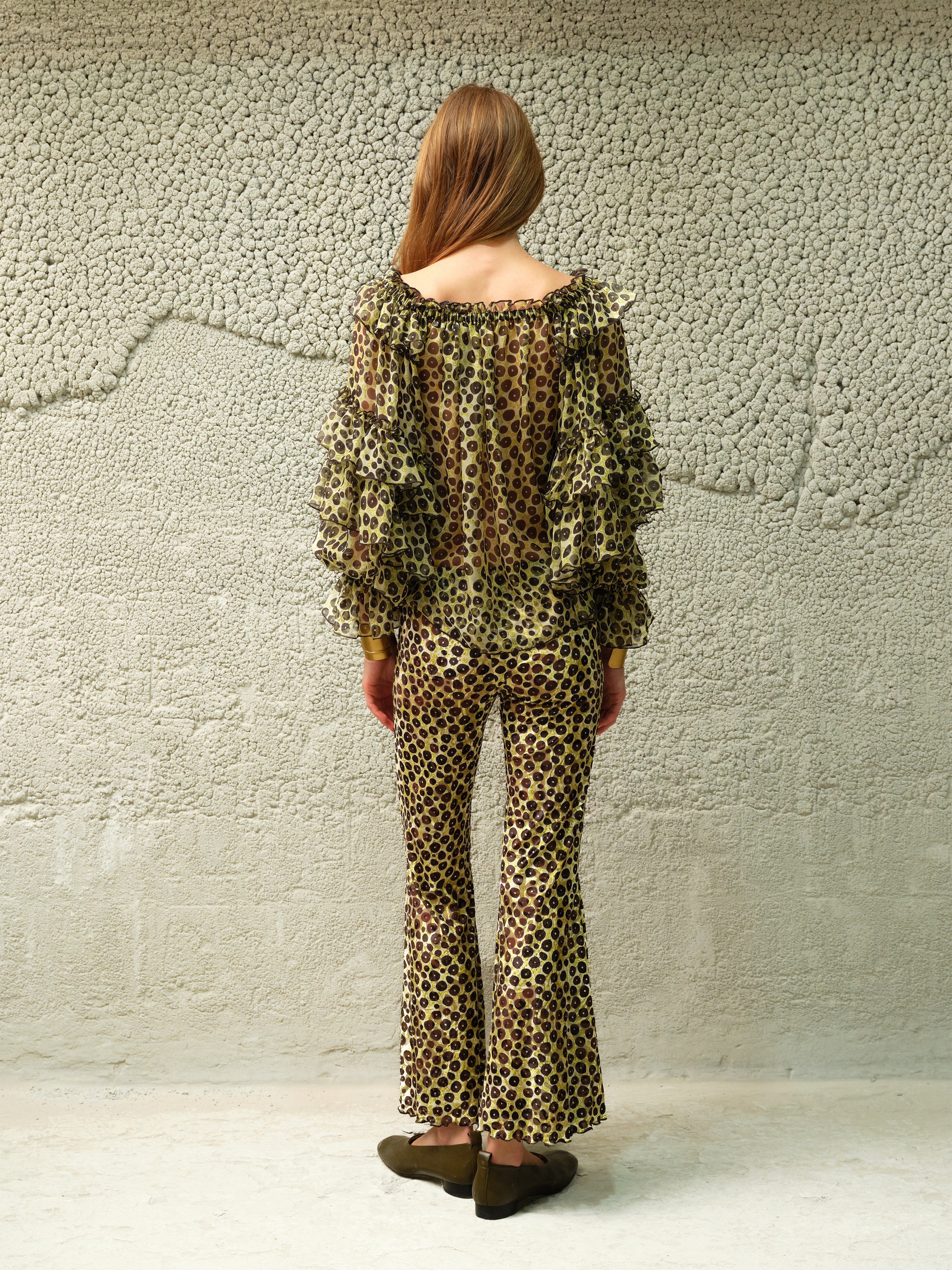 JESLYNN - Velvet flared pants with devoré detail