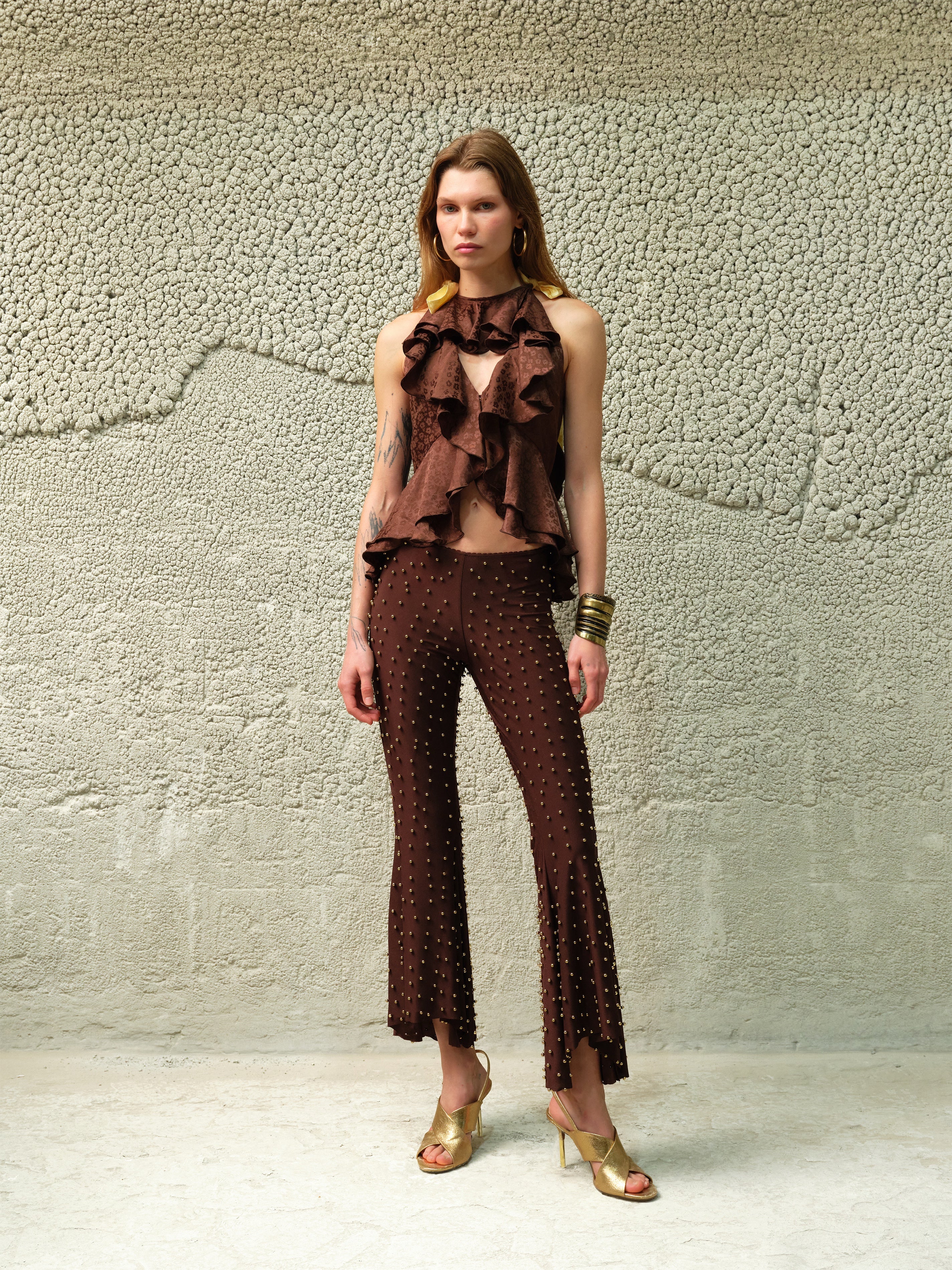 JESLYNN - Low-rise studded jersey flare pants