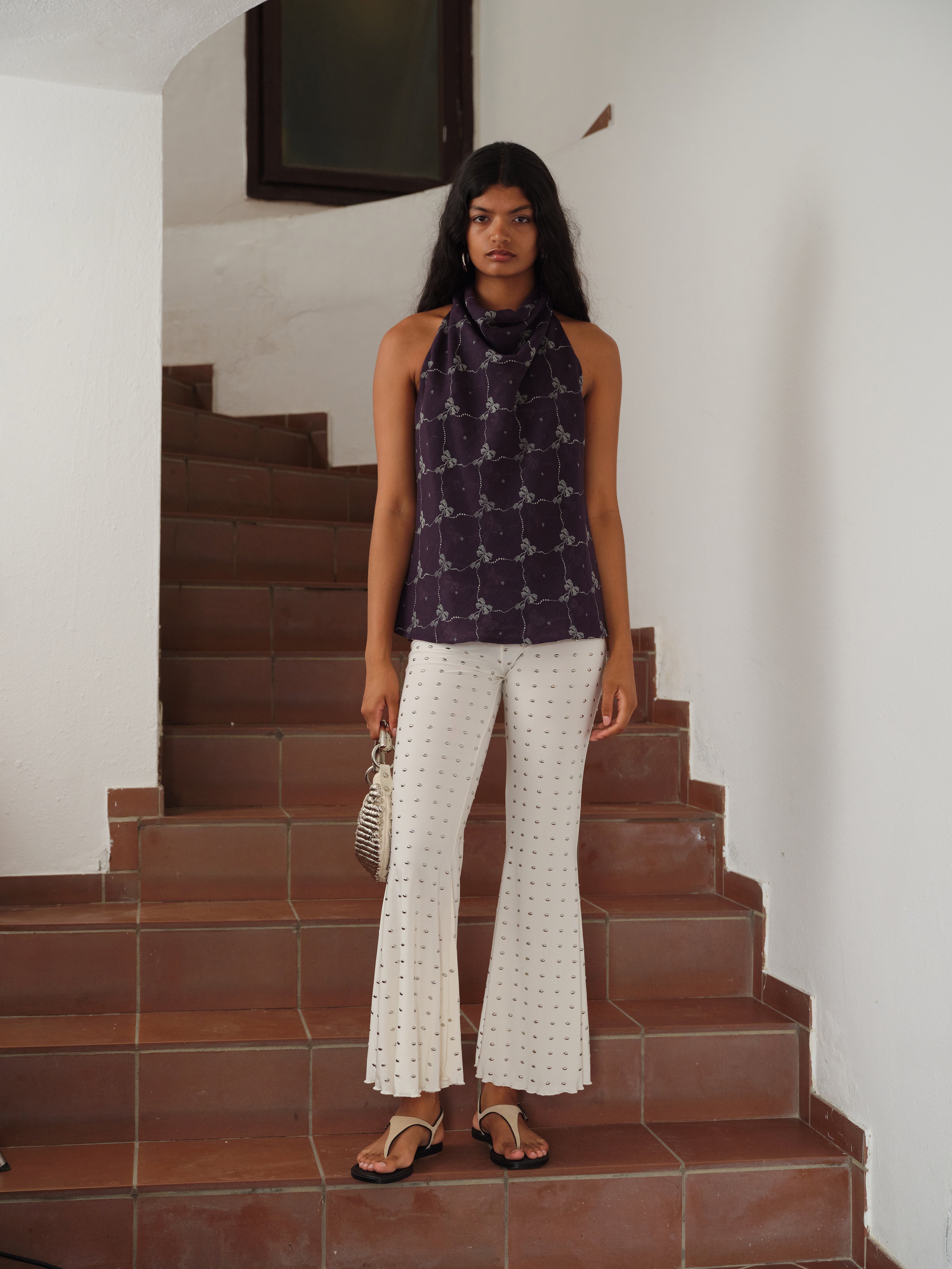 JESLYNN - Low-rise studded jersey flare pants