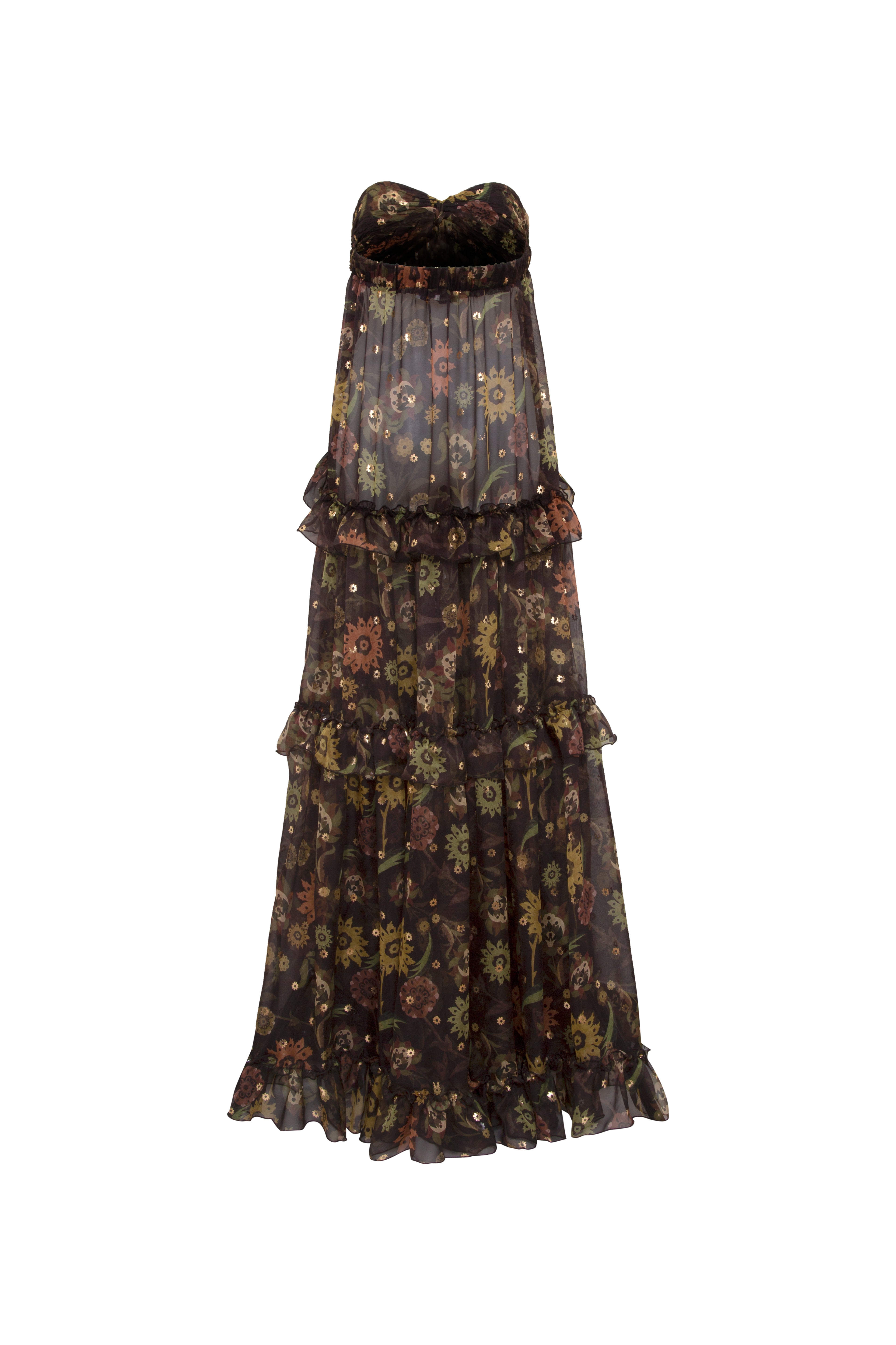 JOSIANE - Strapless sheer ruffled maxi dress