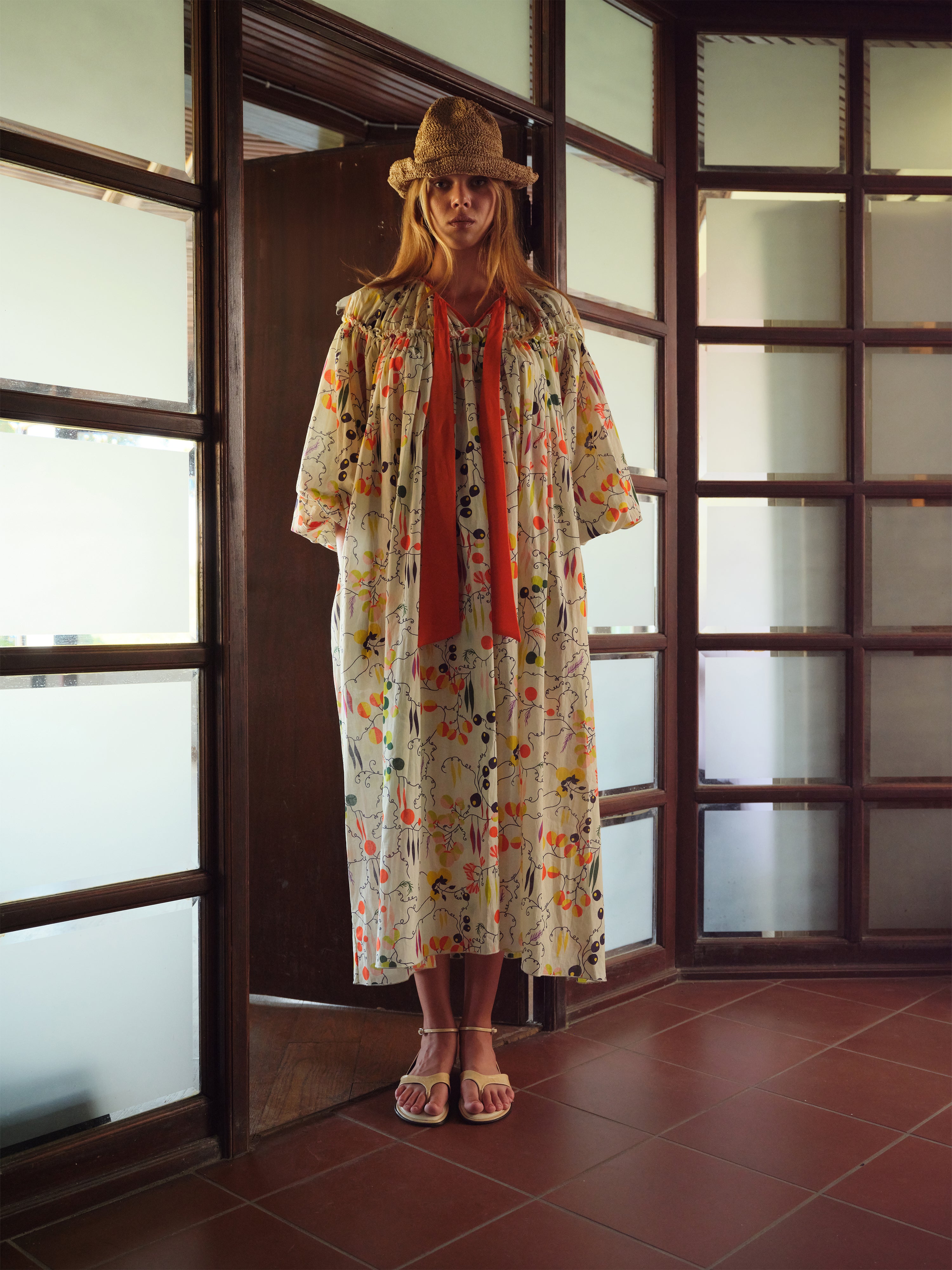 JUNO - Printed loose-fitting midi dress with self tie bow detail