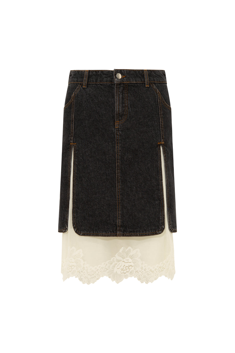 LAINZ - Denim skirt with front slits and lace lining