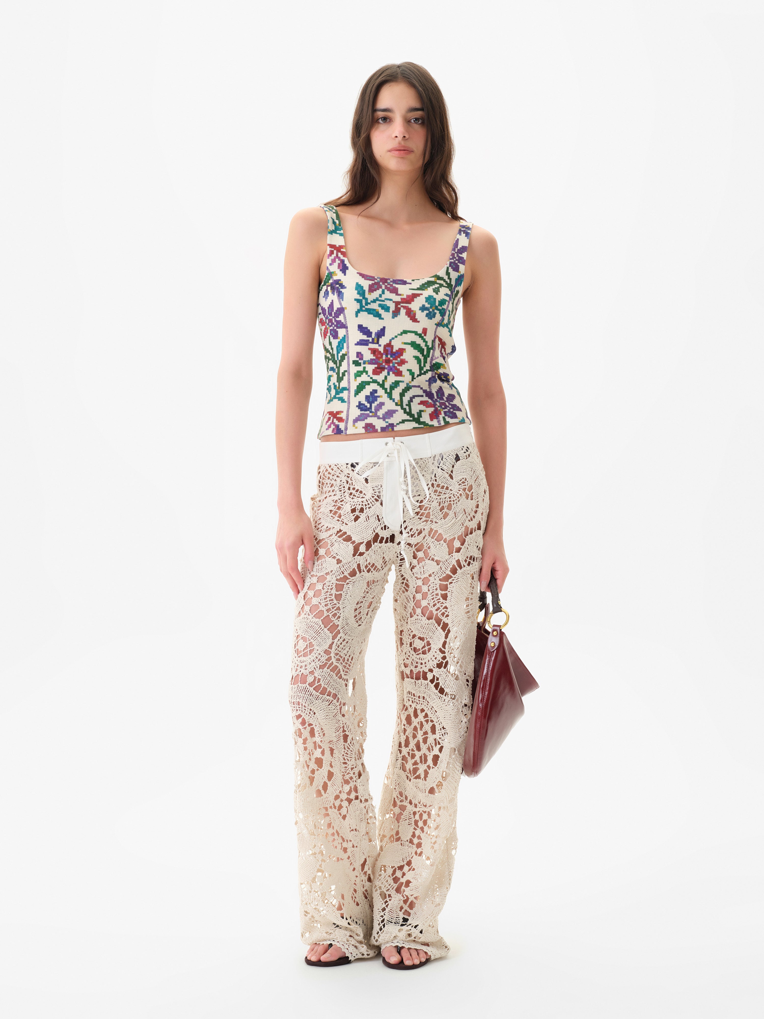 LEANE - Straight-leg crochet lace-up pants