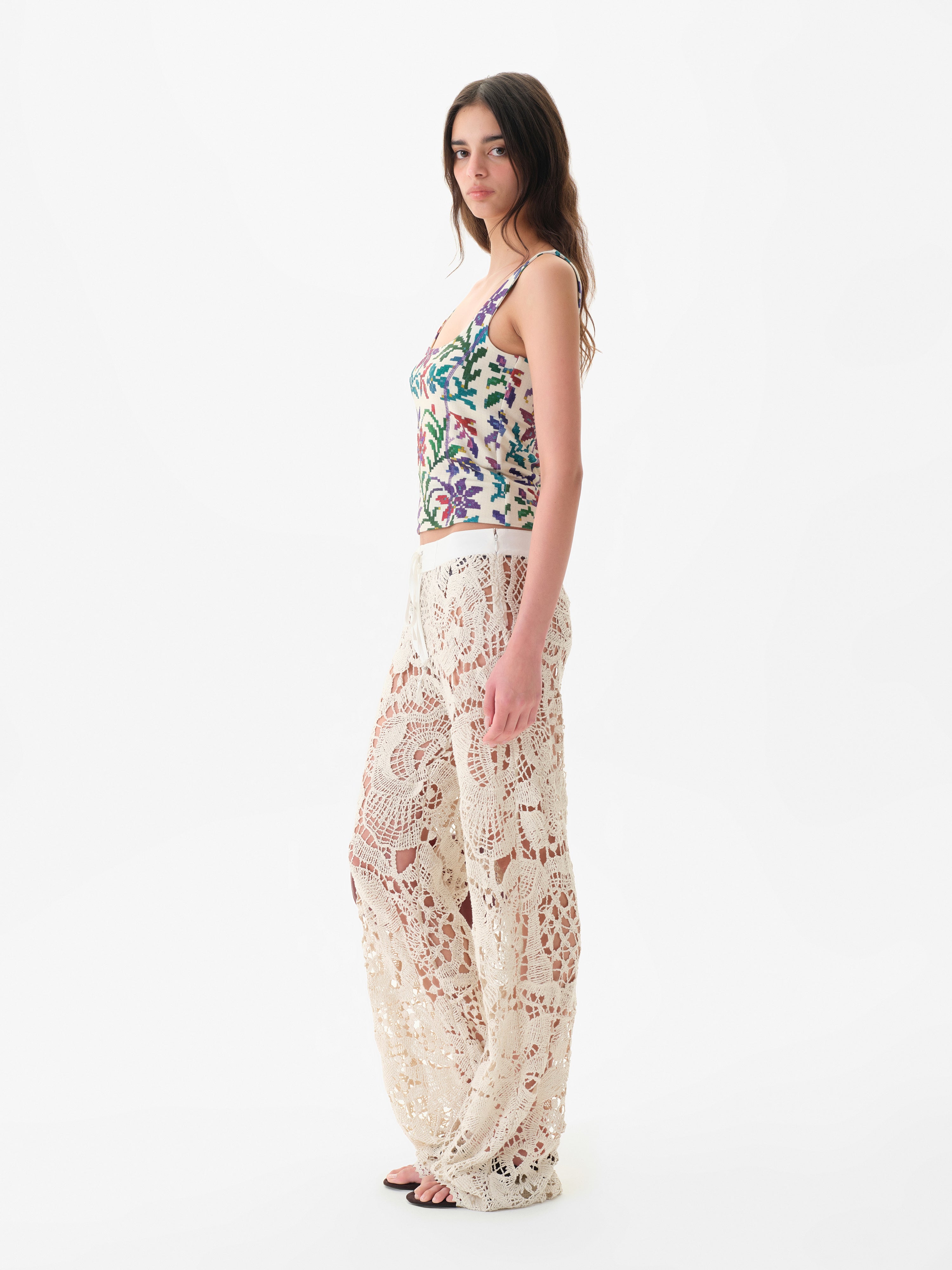 LEANE - Straight-leg crochet lace-up pants