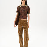 LENA - Contrast printed collar velvet devoré short-sleeve polo