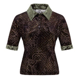 LENA - Contrast printed collar velvet devoré short-sleeve polo