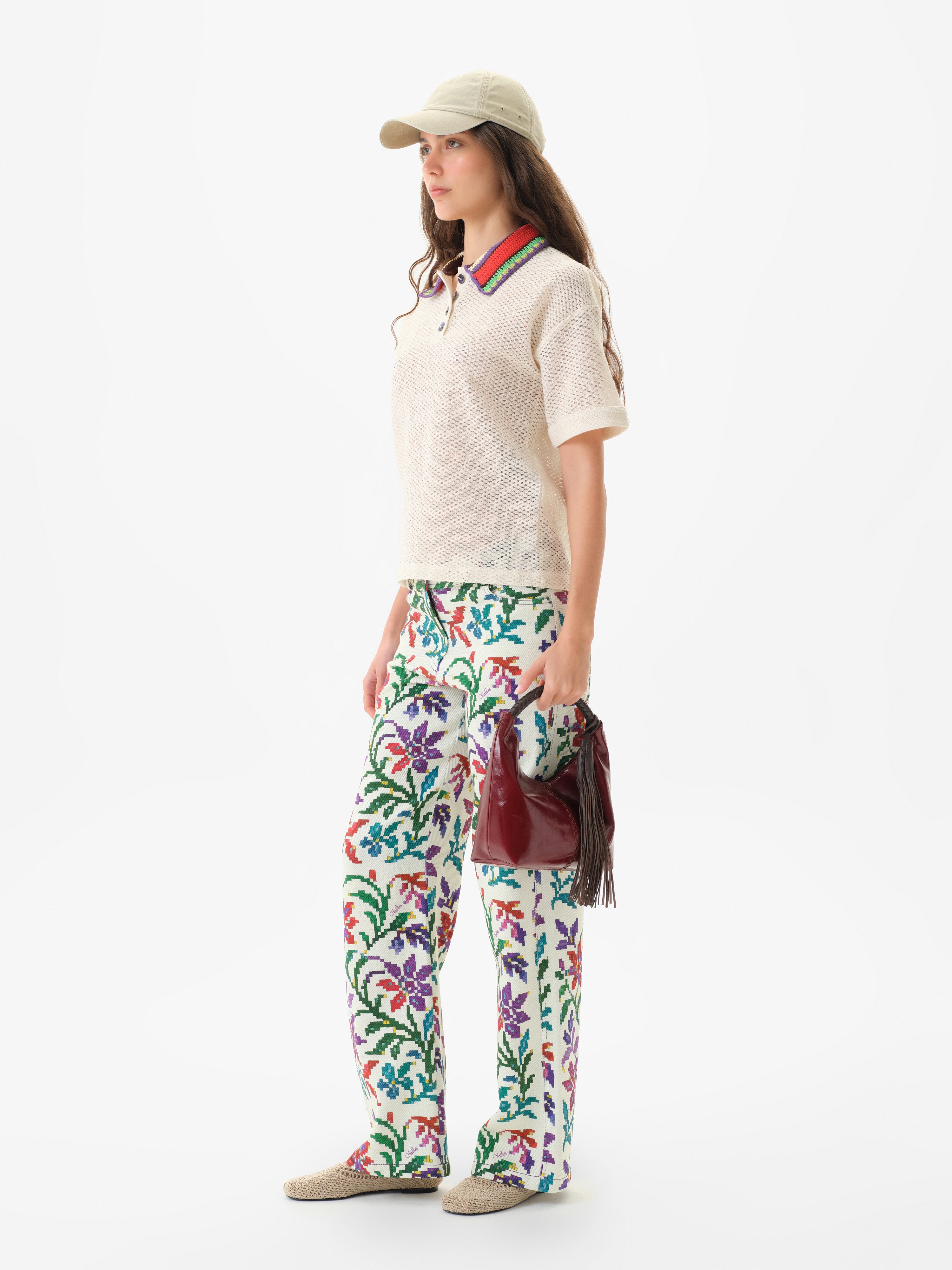 LEO - Boxy fit short-sleeve polo in textured knit and contrast crochet collar