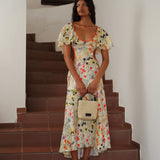 LIDIA - Printed midi satin dress with side cuts