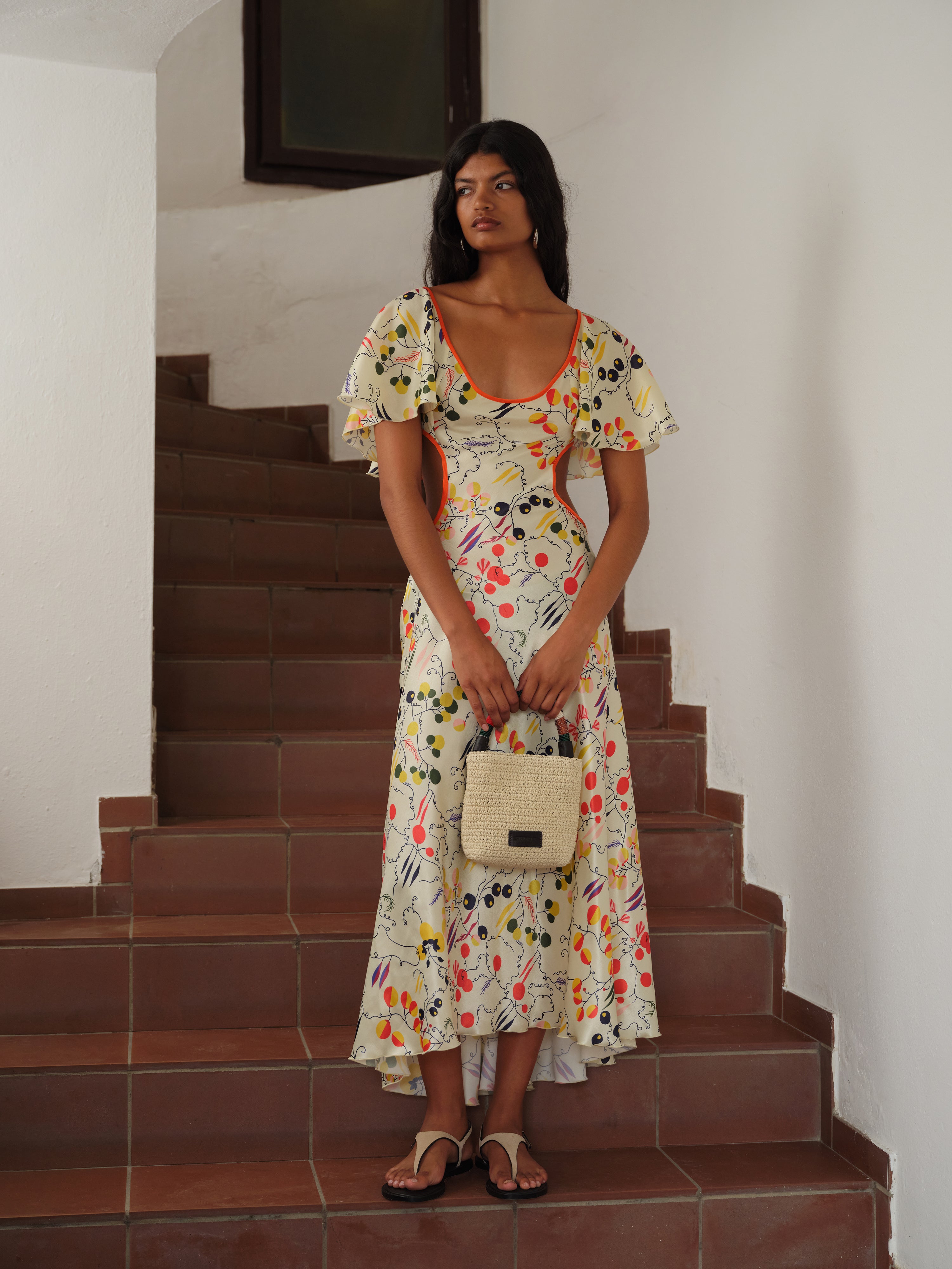 LIDIA - Printed midi satin dress with side cuts