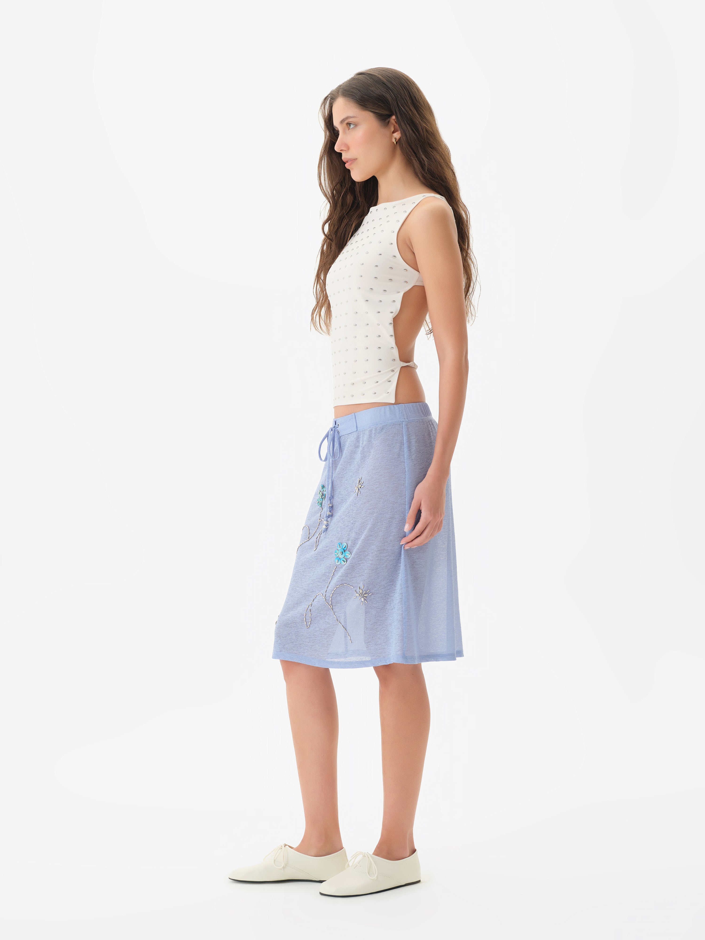 LIZ - Embroidered semi sheer mesh midi skirt