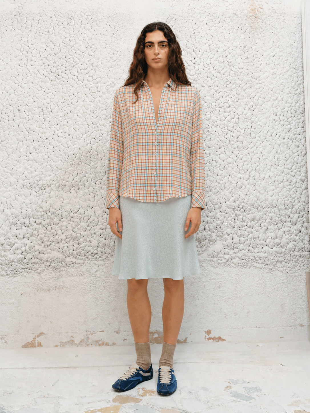 LOTTIE - Pastel plaid crepe button-down shirt
