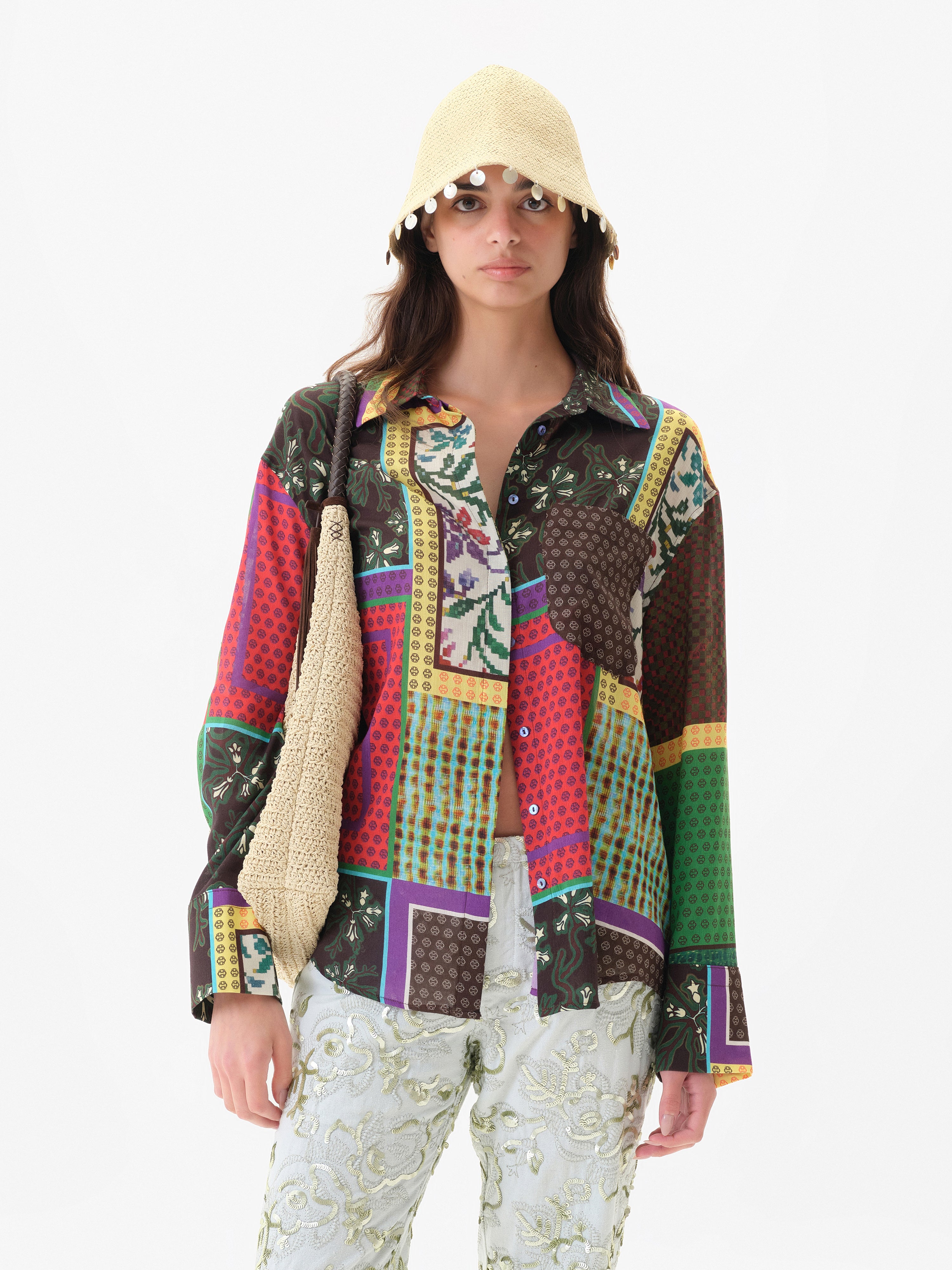 LOU - Patchwork print oversized button down shirt