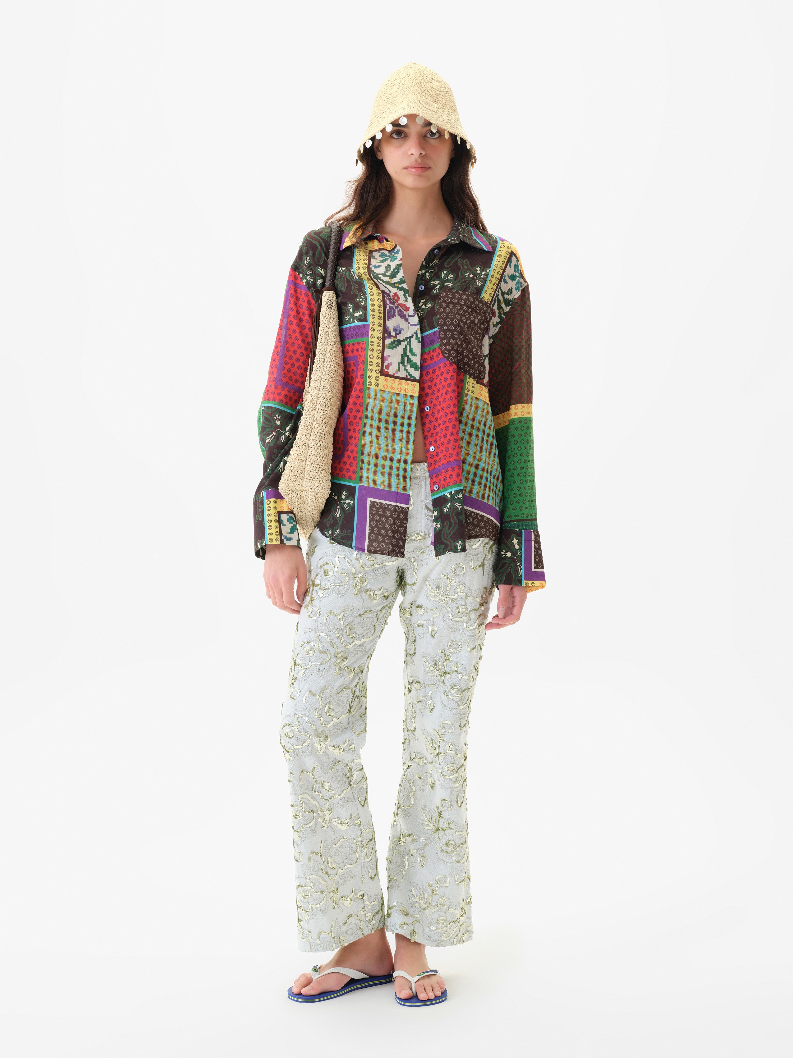 LOU - Patchwork print oversized button down shirt
