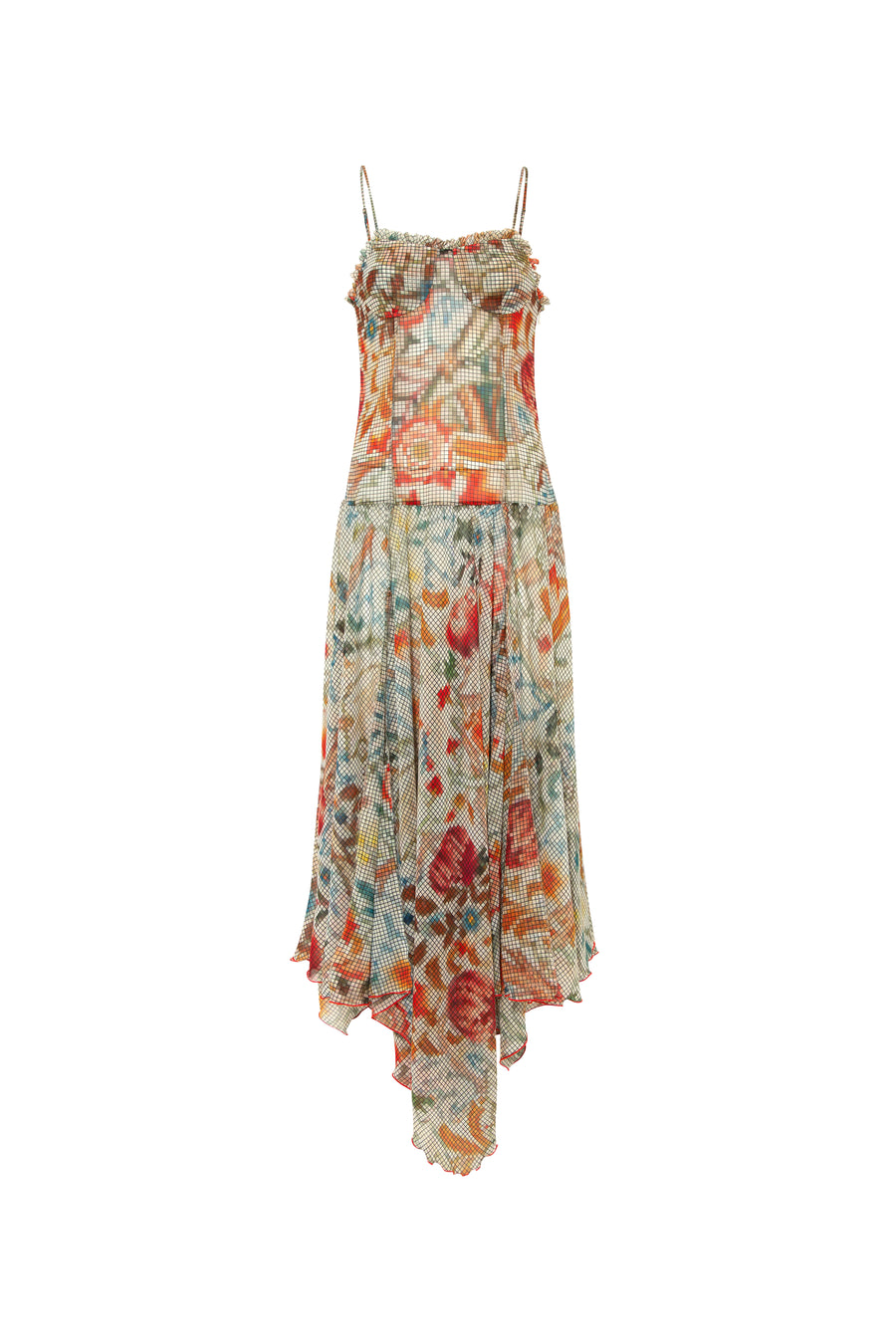 LUCIEN - Floral-print ruffle detailed midi dress with asymmetric hemline