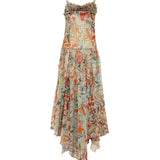 LUCIEN - Floral-print ruffle detailed midi dress with asymmetric hemline