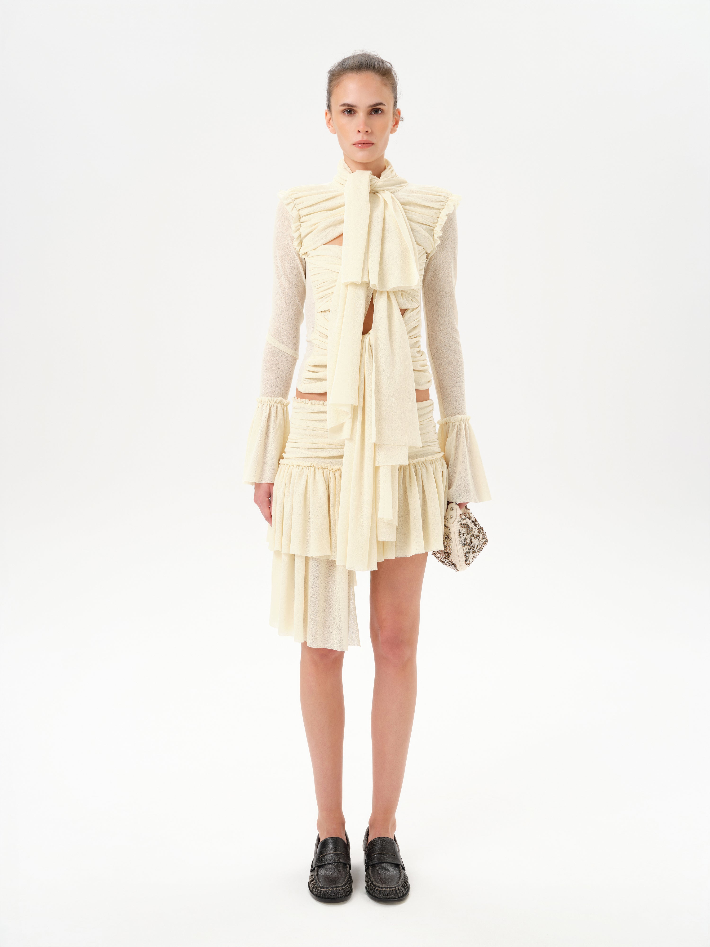 LUNA - Ruched semi sheer mesh top with layered front tie details