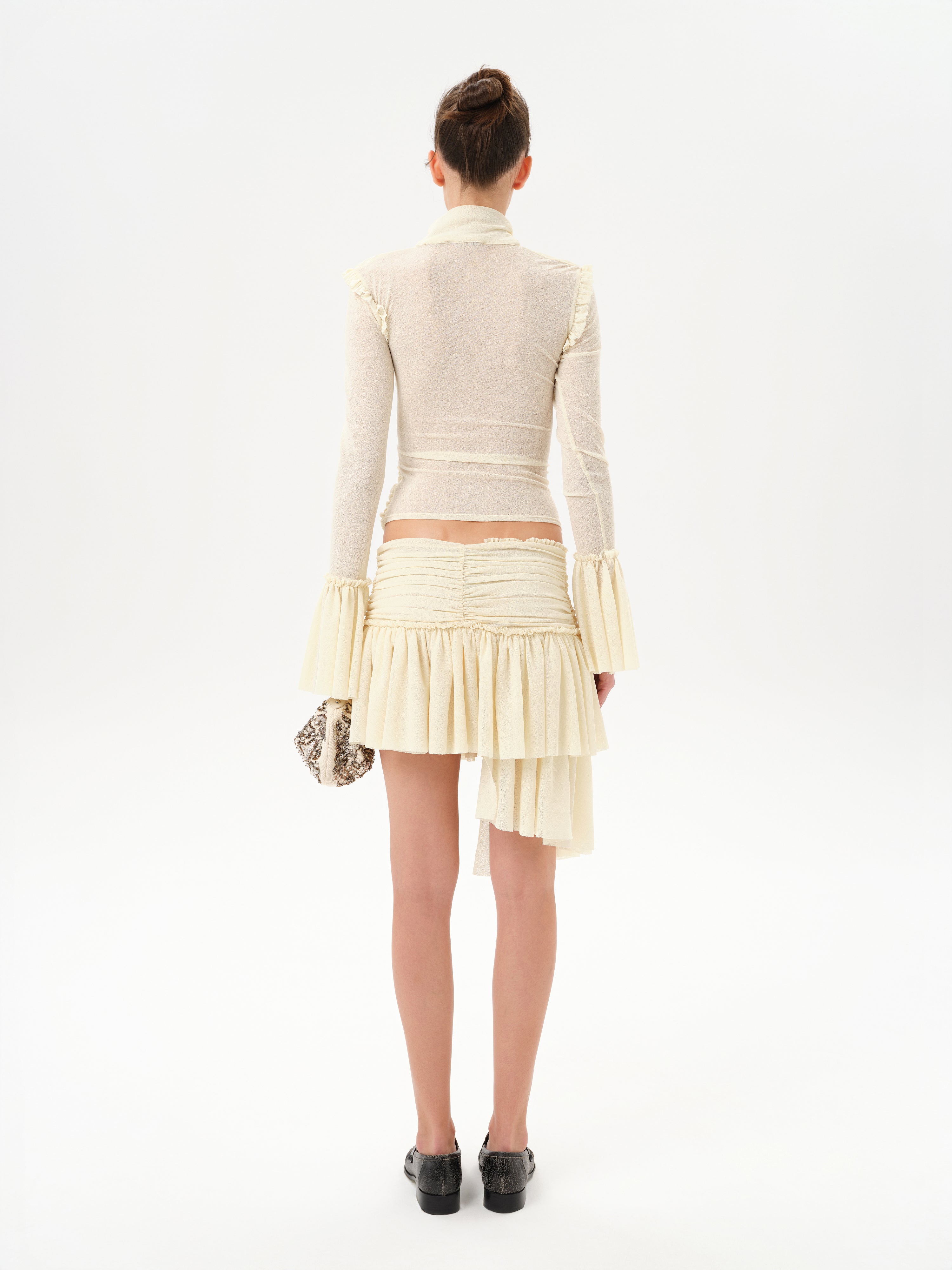 LUNA - Ruched semi sheer mesh top with layered front tie details