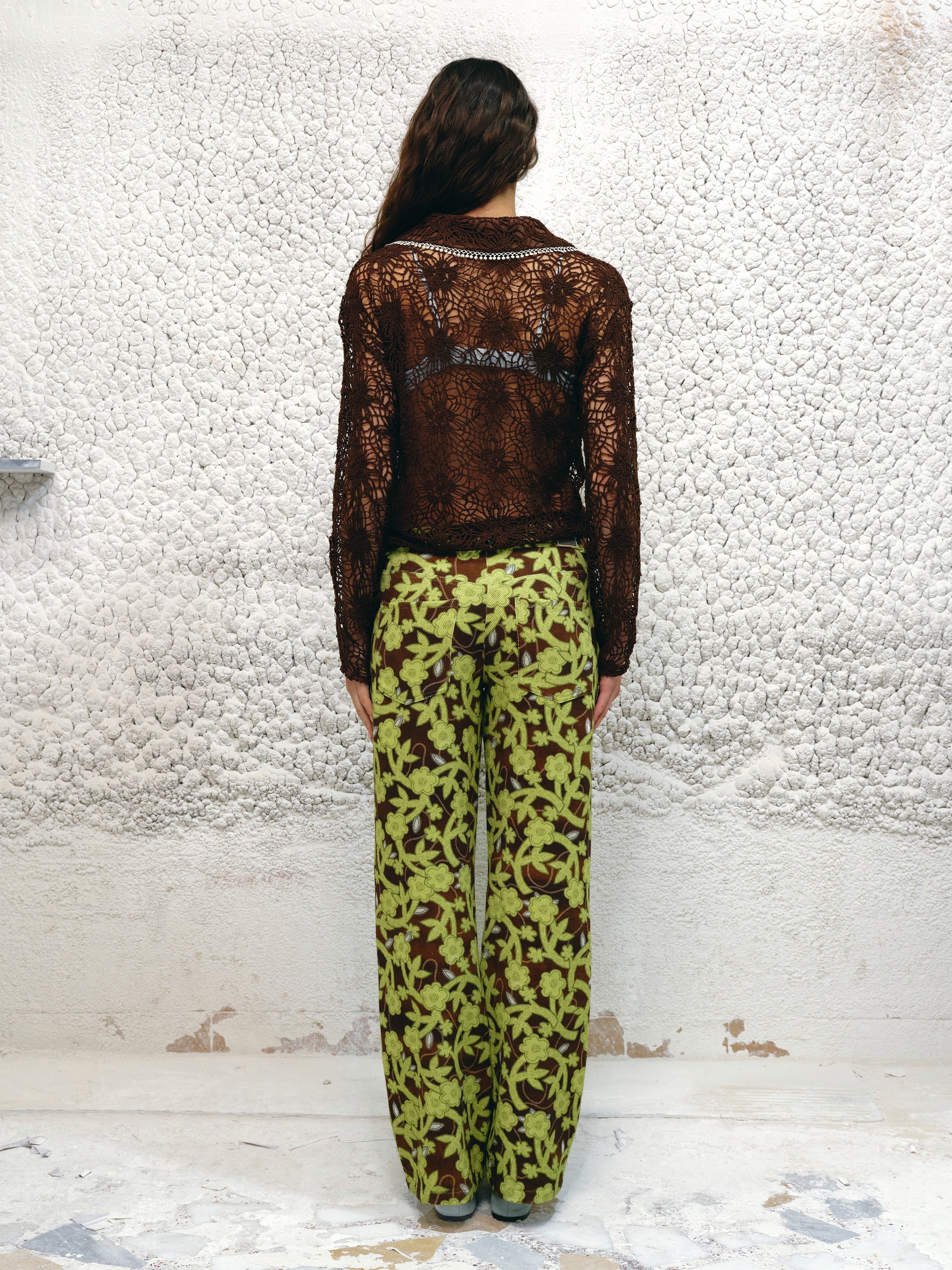 LUNET - Crochet lace long-sleeve shirt with contrast collar
