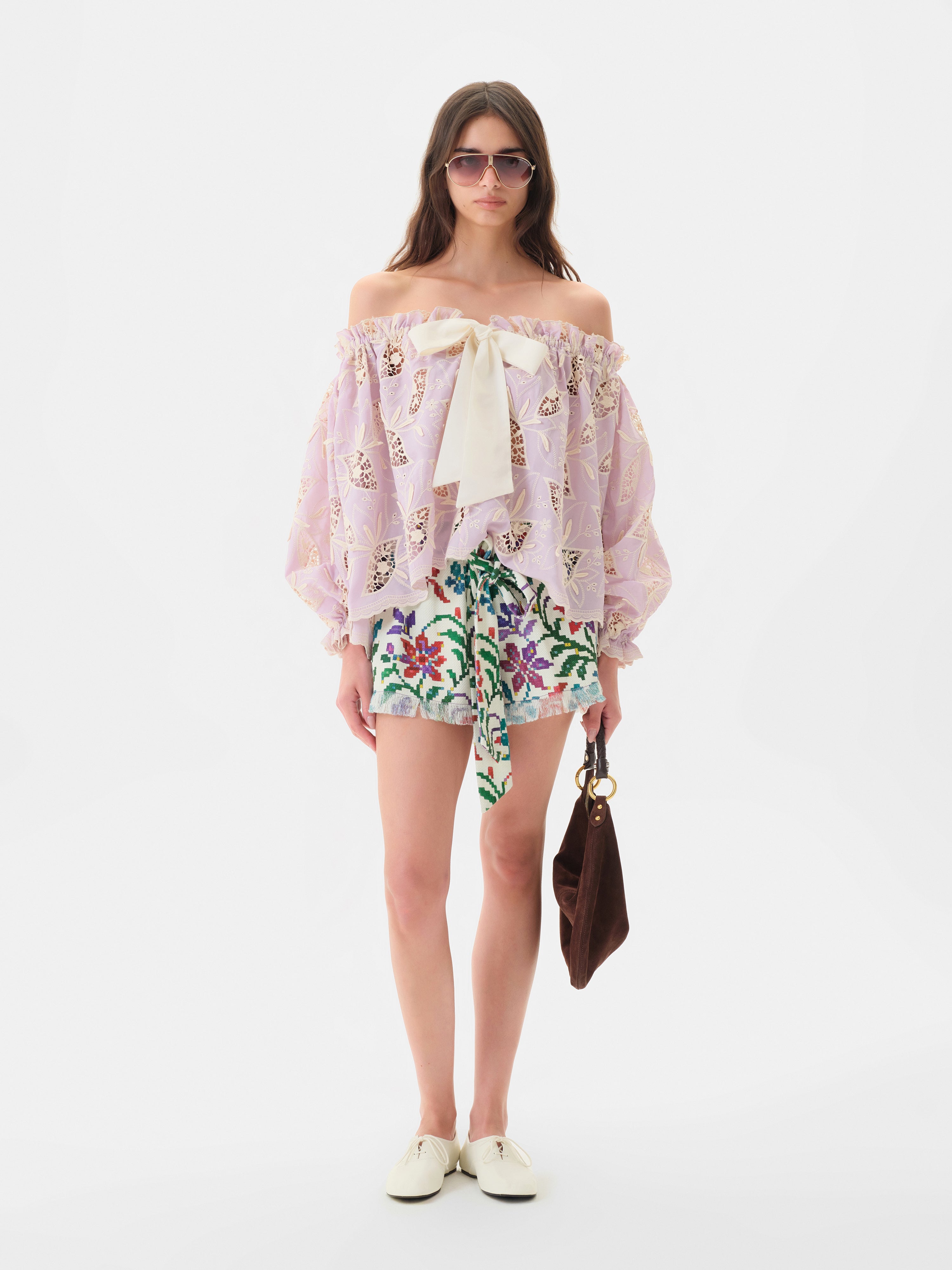 LUNE - Ruffled puff sleeve top with ivory floral embroidery