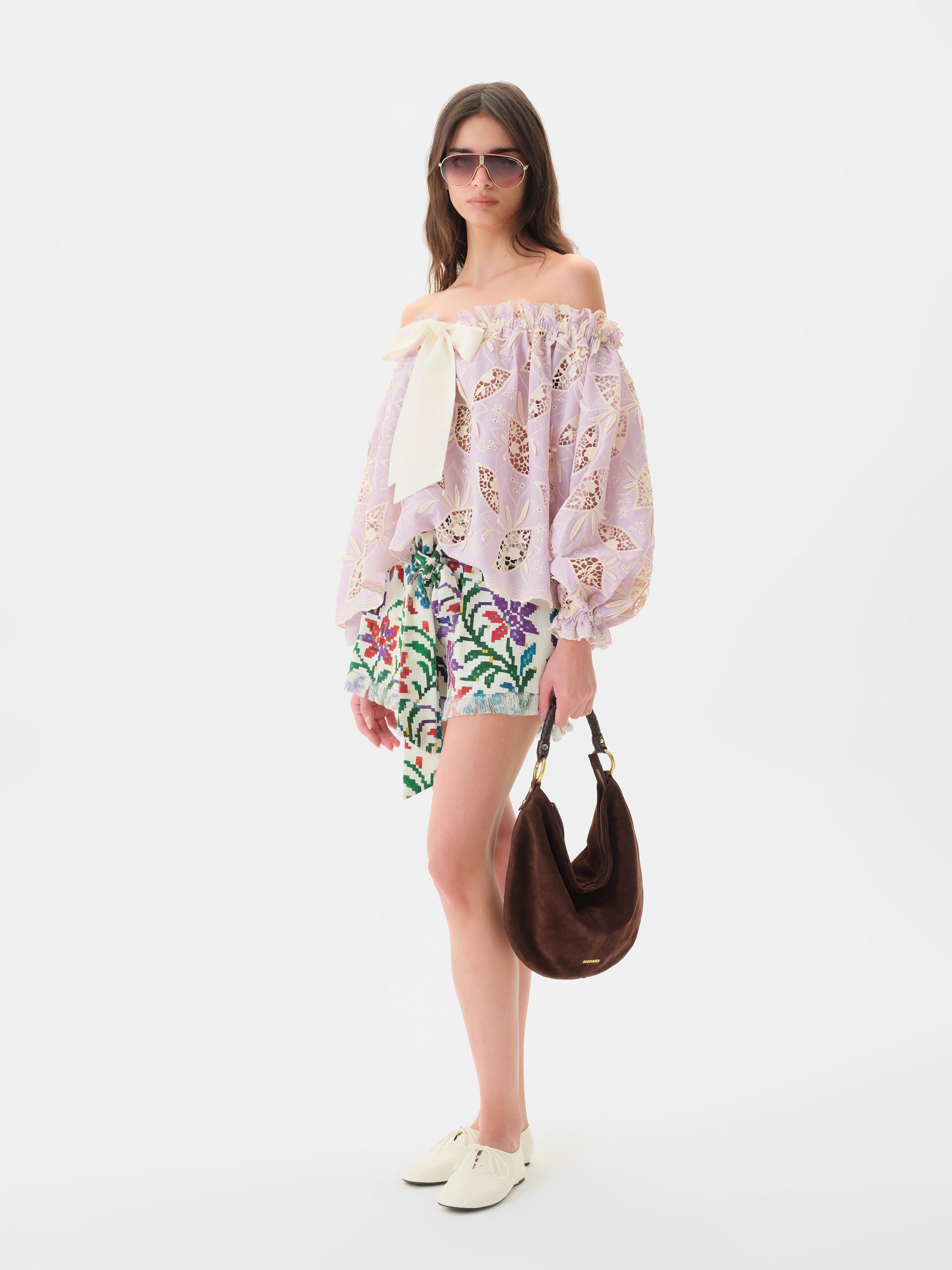 LUNE - Ruffled puff sleeve top with ivory floral embroidery