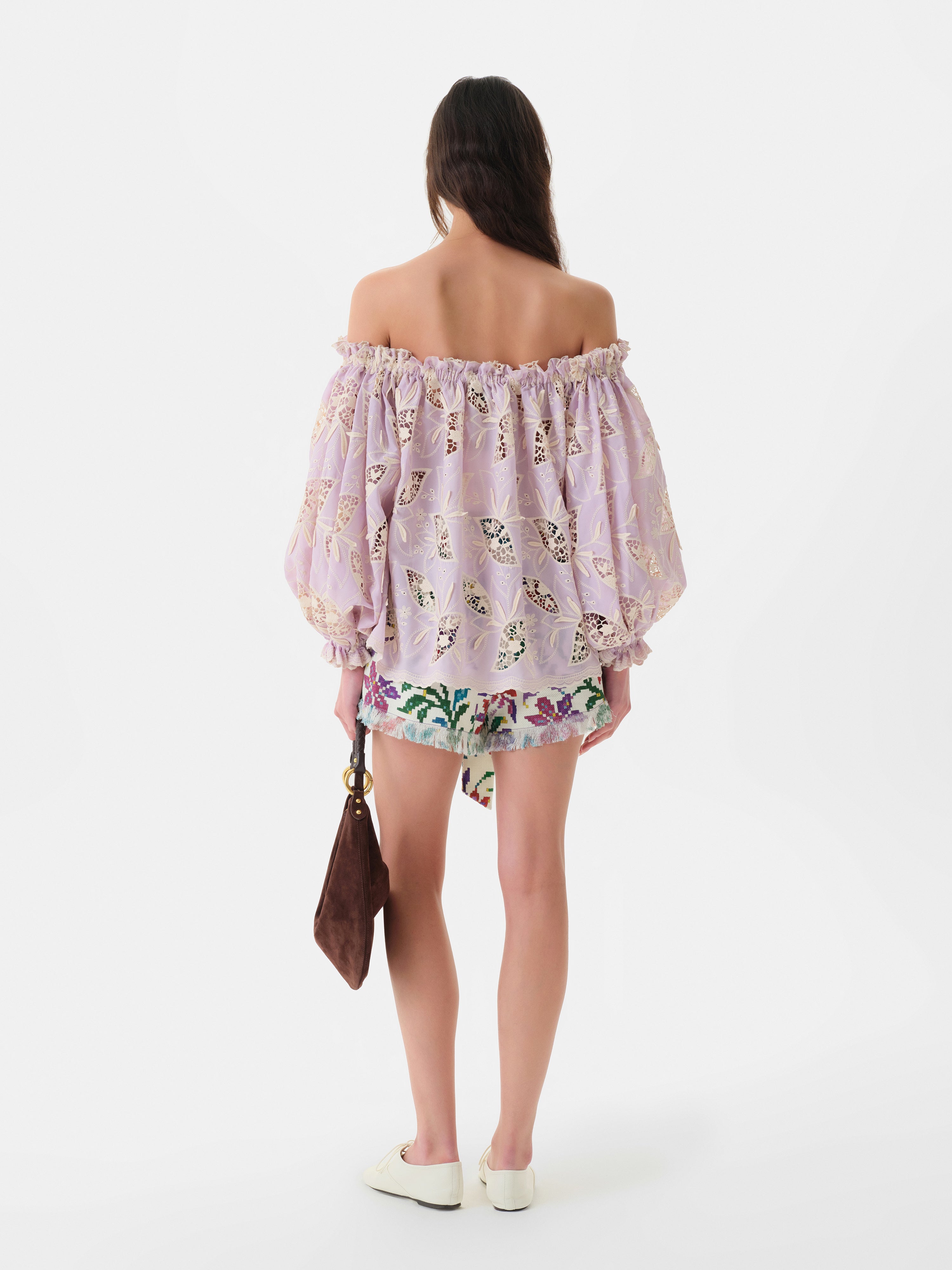 LUNE - Ruffled puff sleeve top with ivory floral embroidery