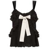 MANOLIAS - Ruffle and bow detailed jaquard top