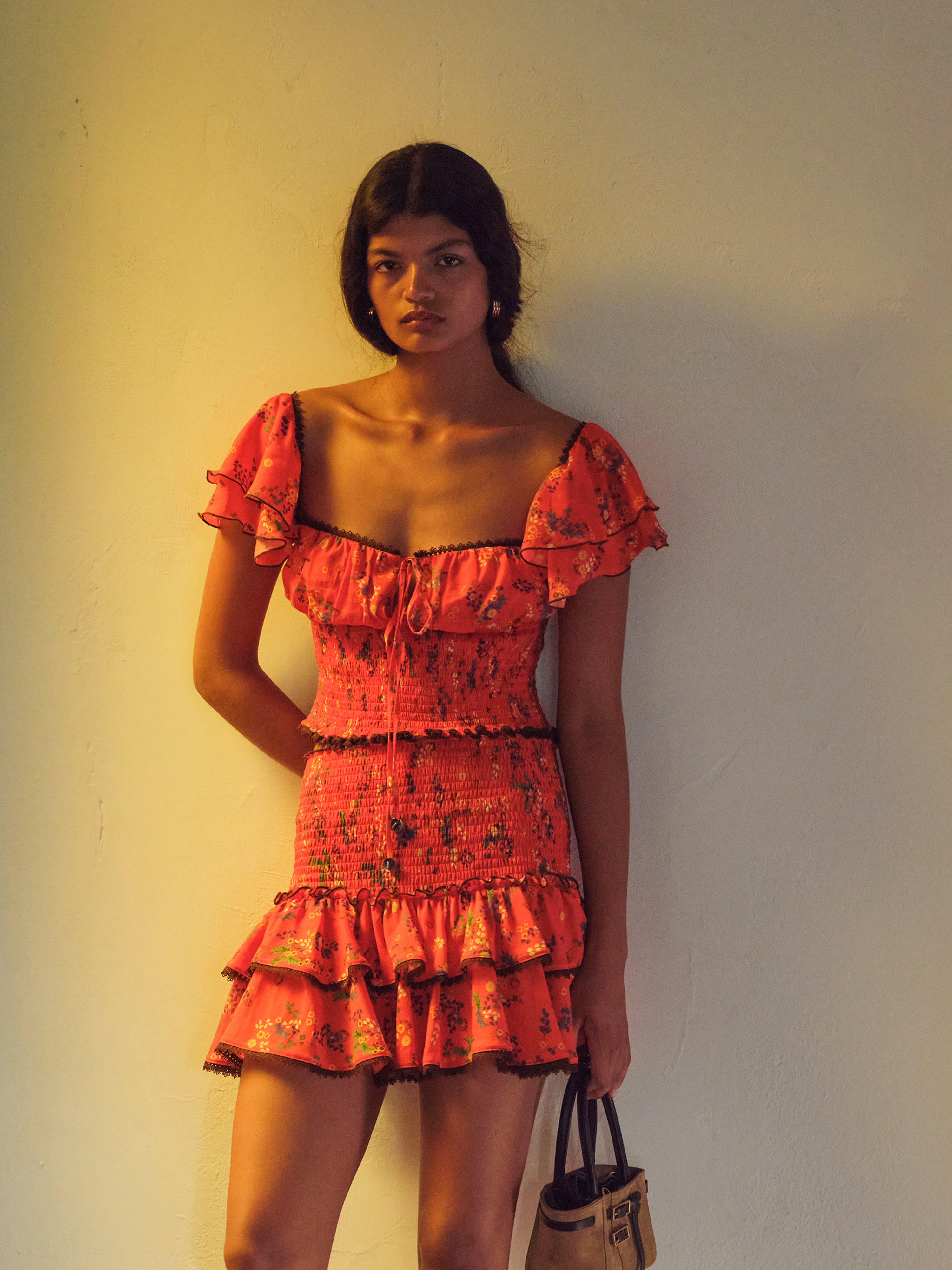 MARDY - Floral print blouse with smocked hem and ruffled sleeves