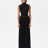 MARGOT - Open-back silver-trimmed satin maxi dress