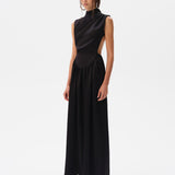 MARGOT - Open-back silver-trimmed satin maxi dress