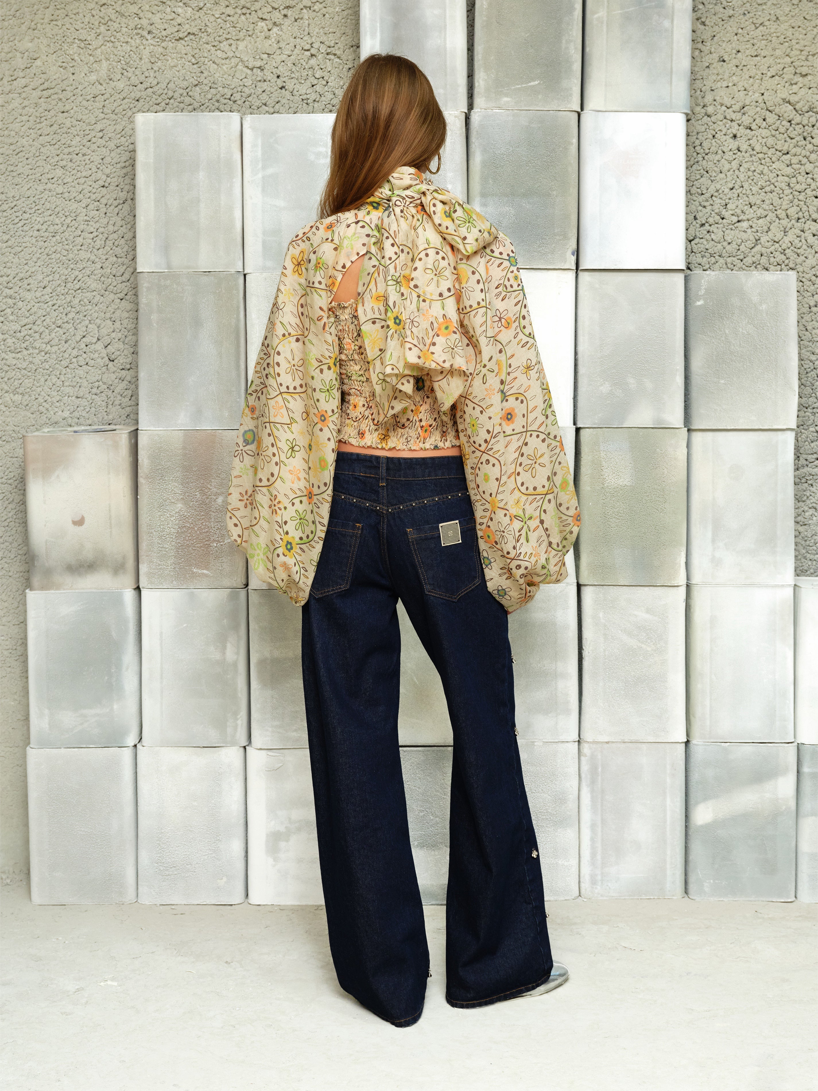MARIS - Printed organza top with voluminous sleeves