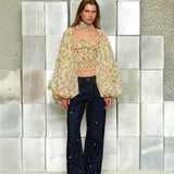 MARIS - Printed organza top with voluminous sleeves