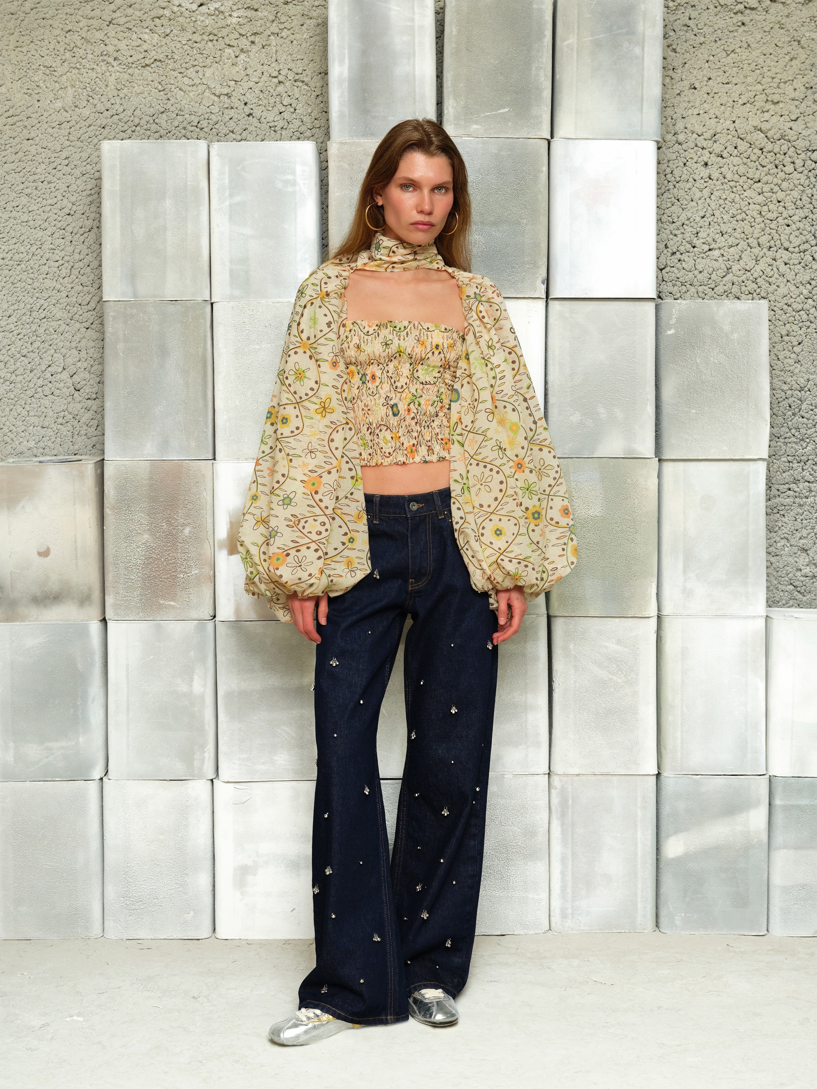 MARIS - Printed organza top with voluminous sleeves