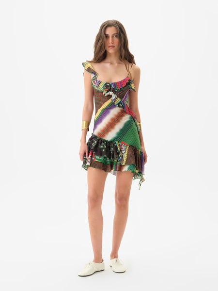 MIMIKA - Patchwork print mini dress with ruffle detailing by