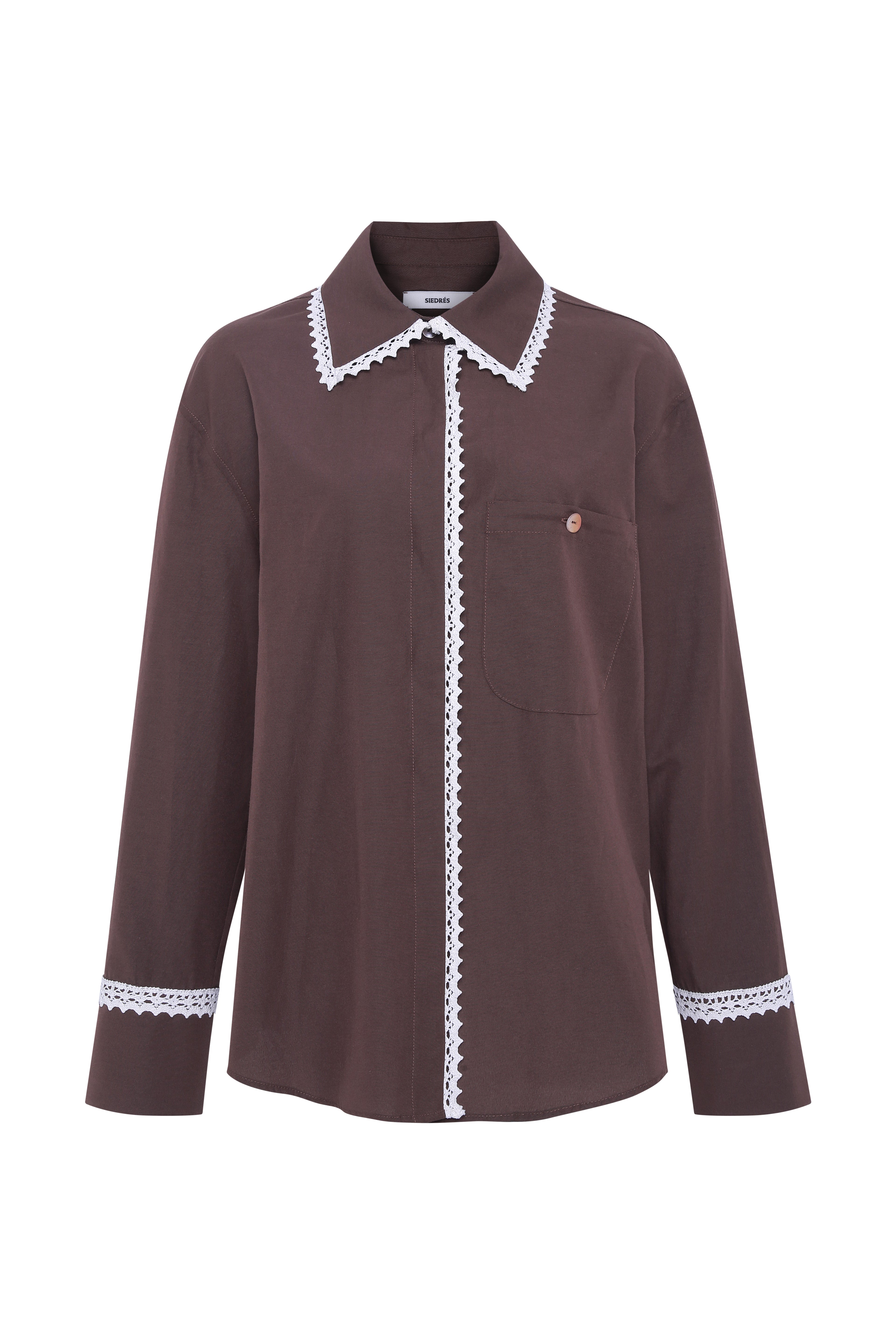 MIRNA - Oversized lace trim detailed mother-of-pearl button down shirt