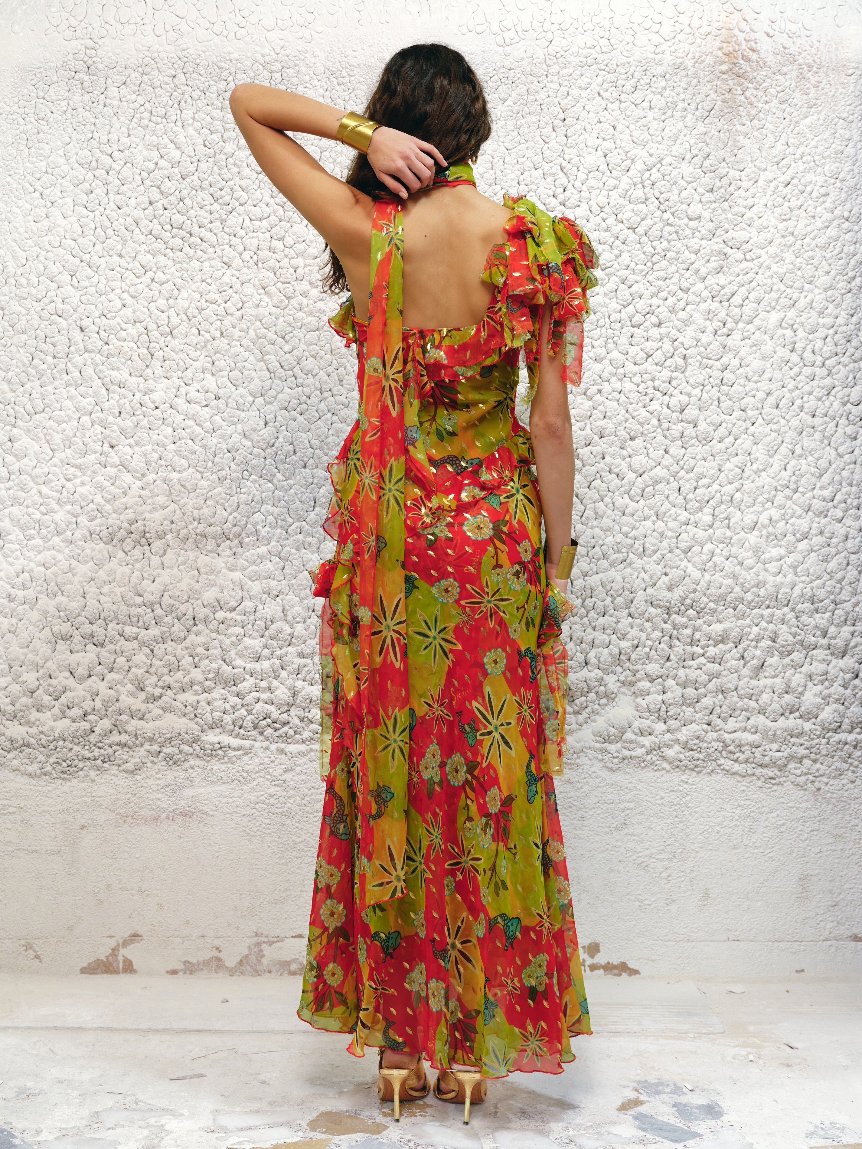 MONICA - Ruffled  chiffon maxi dress with scarf detail