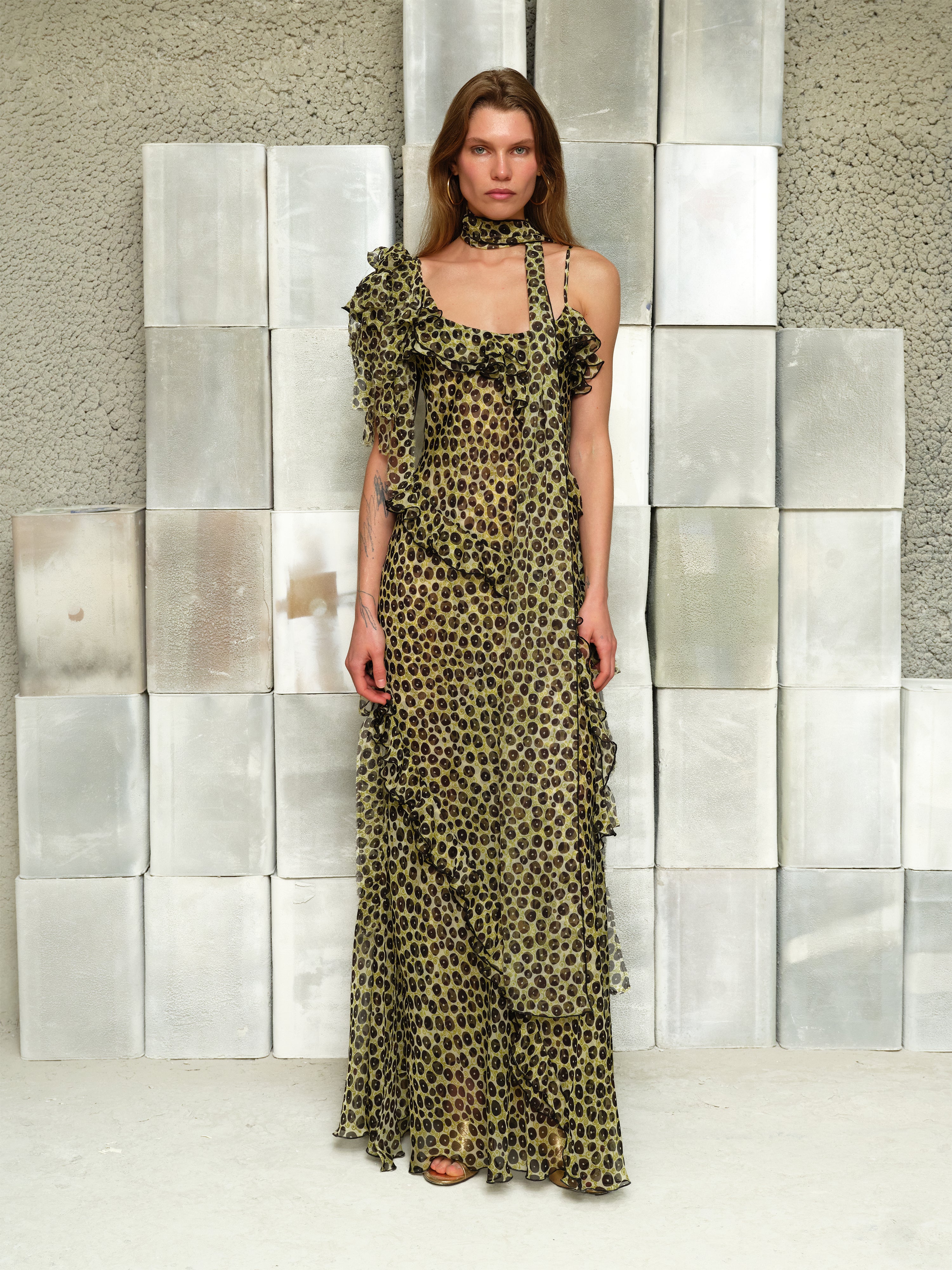 MONICA - Ruffled chiffon maxi dress with scarf detail by SIEDRÉS