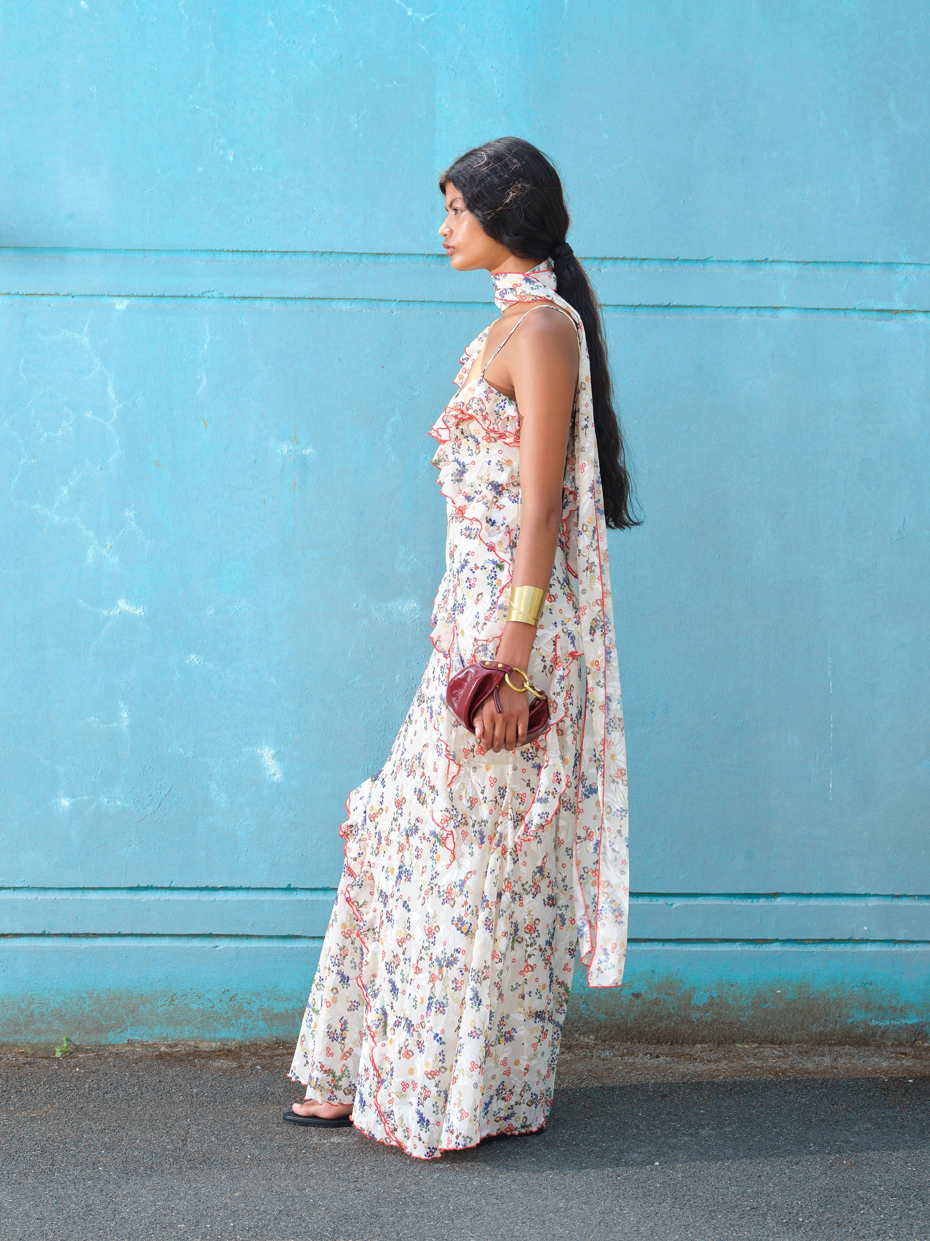 MONICA - Ruffled devoré chiffon maxi dress with scarf detail