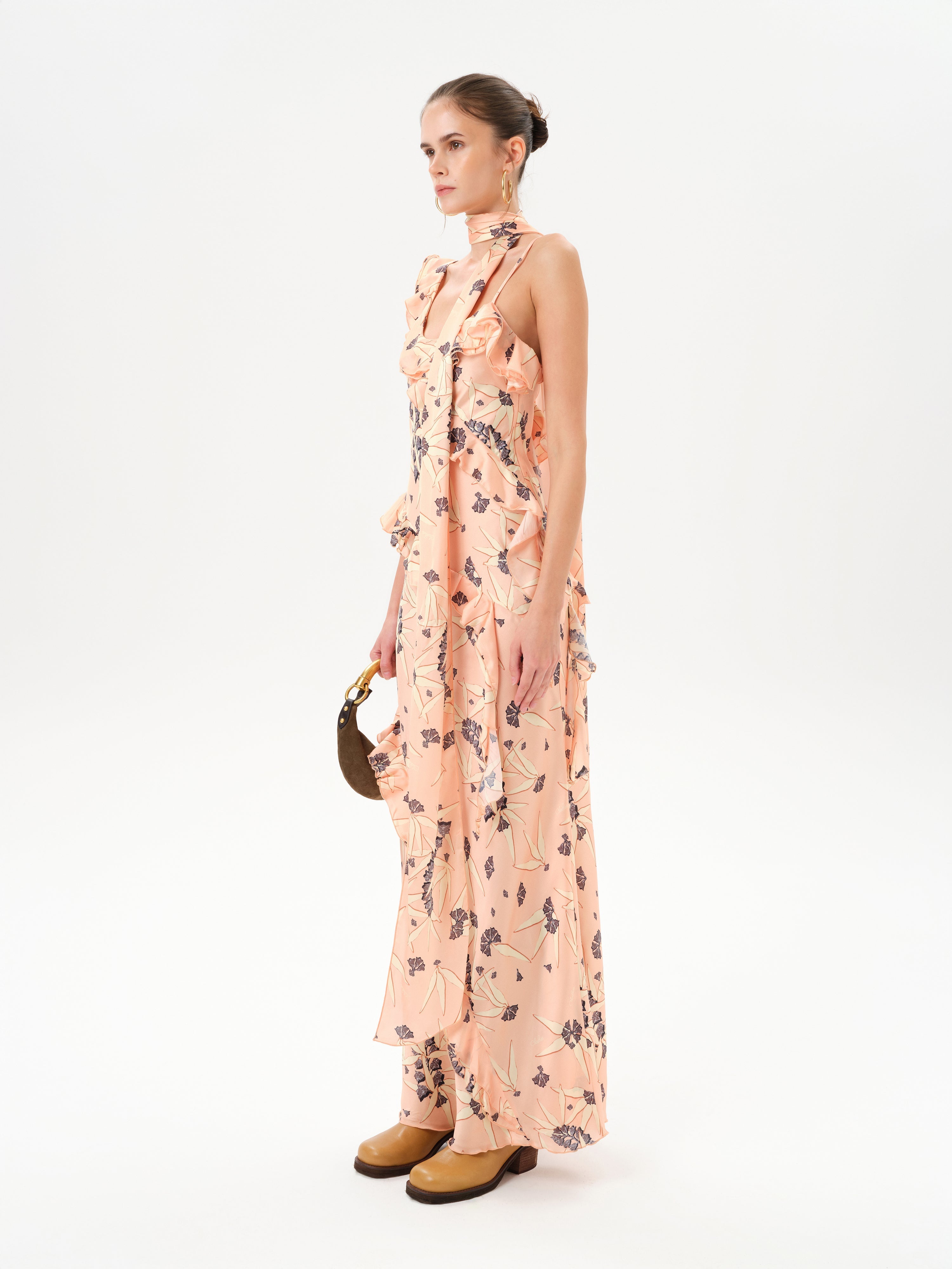 ruffled satin maxi dress Lilla Beige Strapless Ruffled Satin Maxi Dress