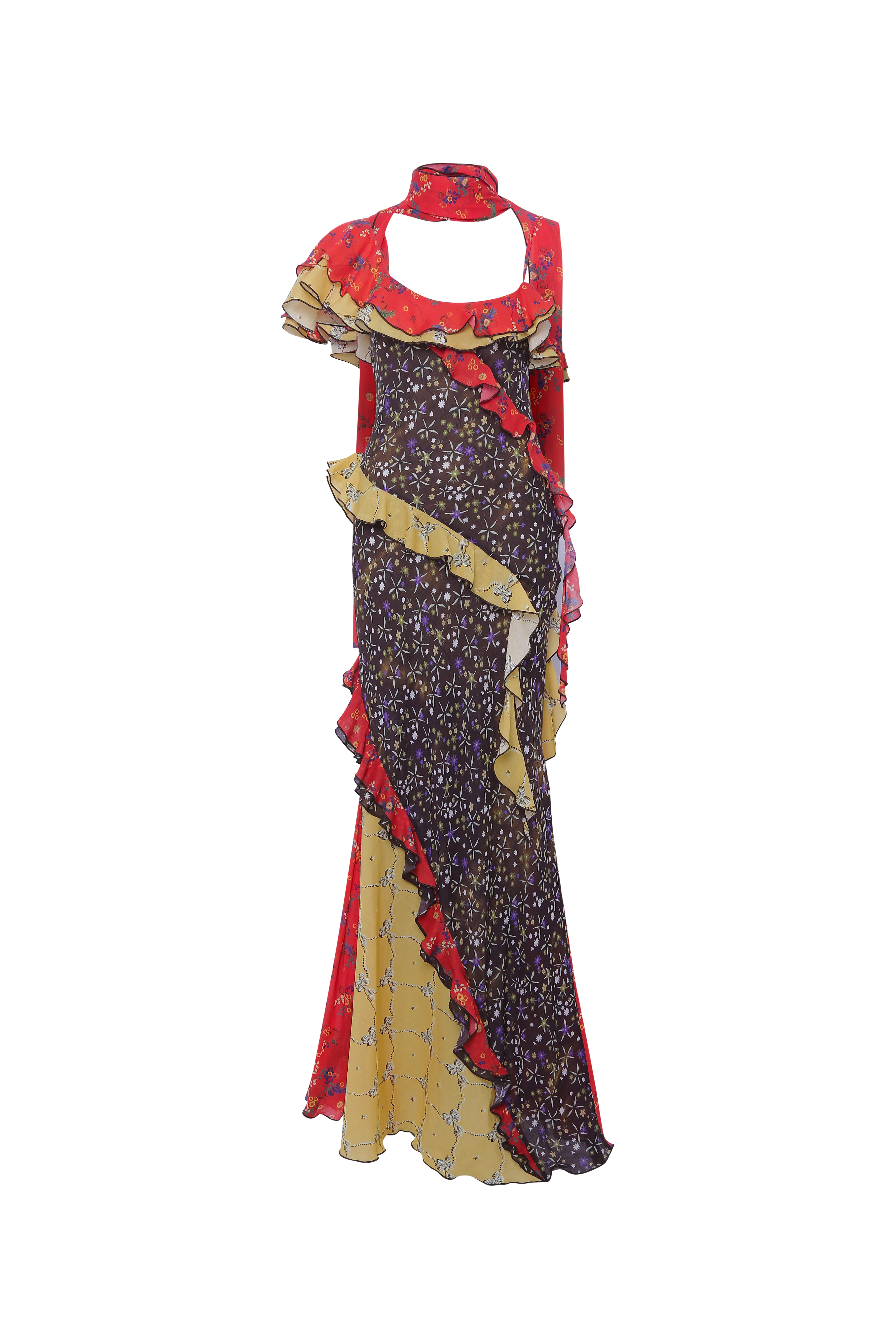 MONICA - Ruffled voile maxi dress with scarf detail