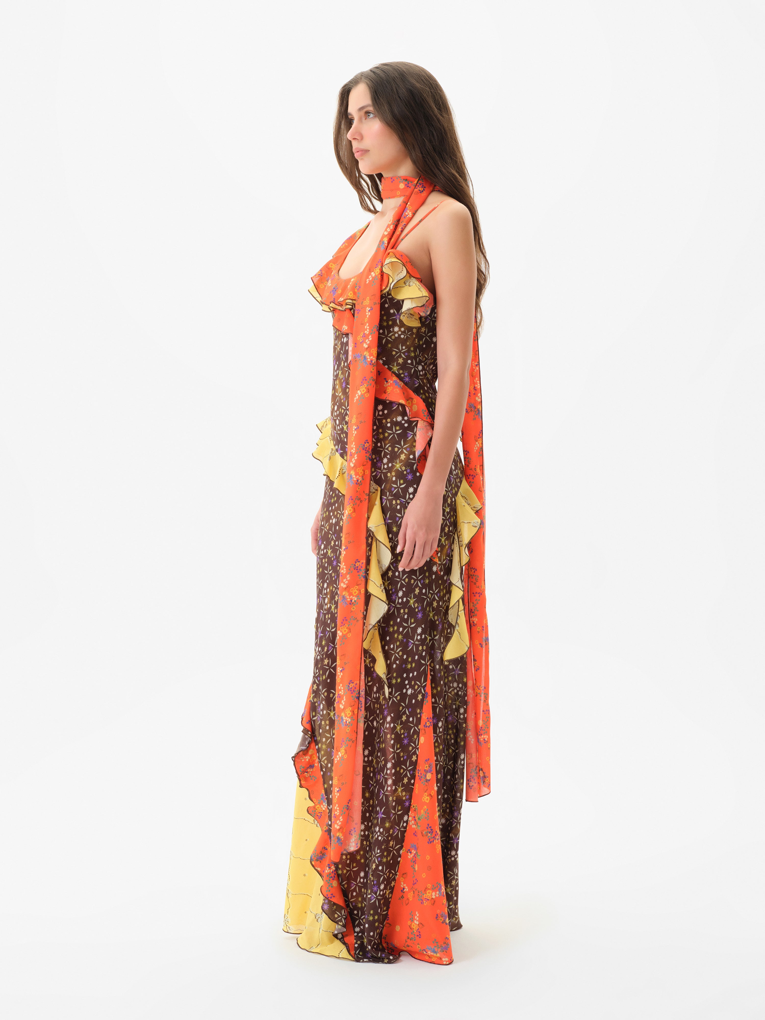 MONICA - Ruffled voile maxi dress with scarf detail