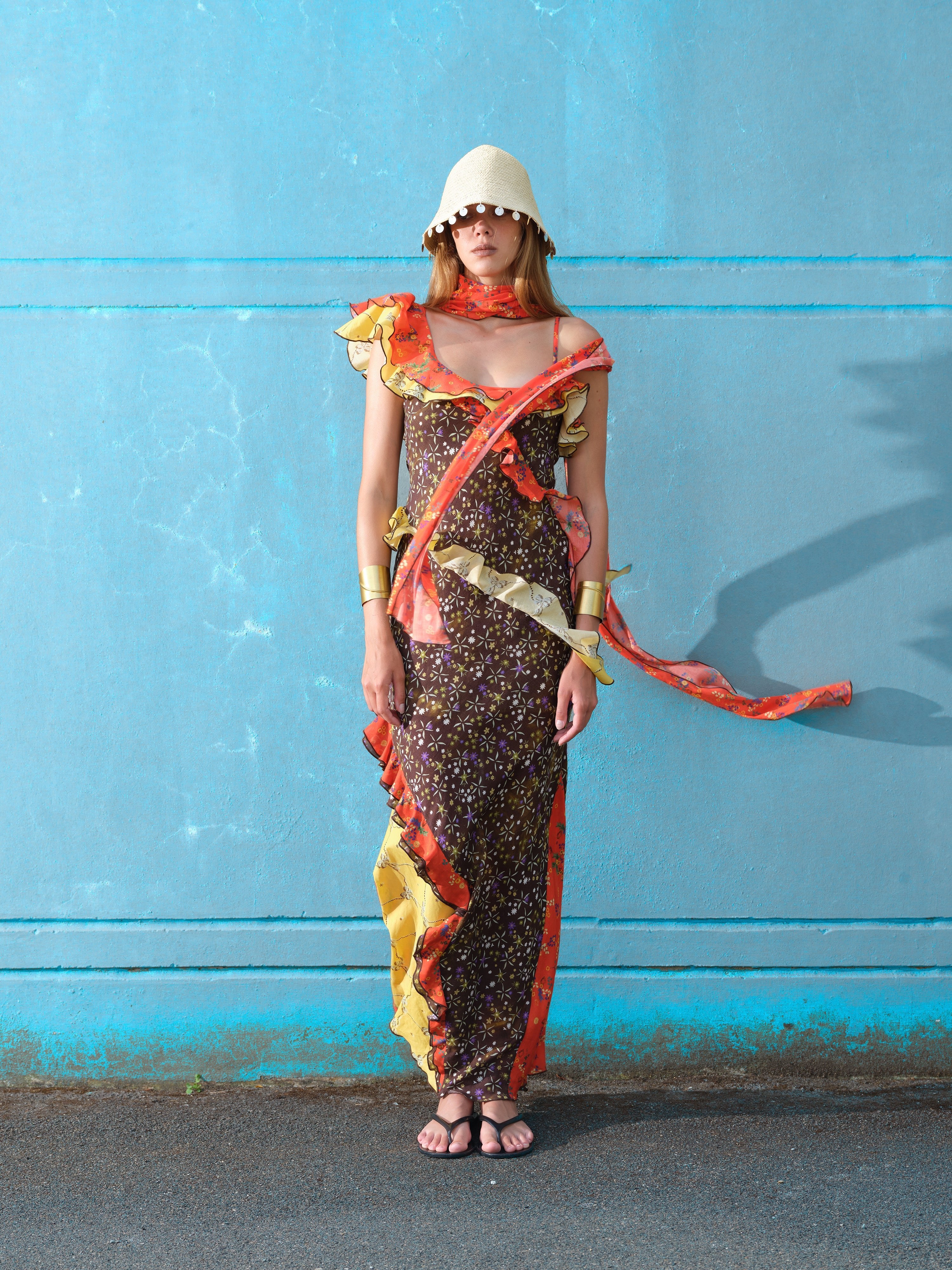 MONICA - Ruffled voile maxi dress with scarf detail