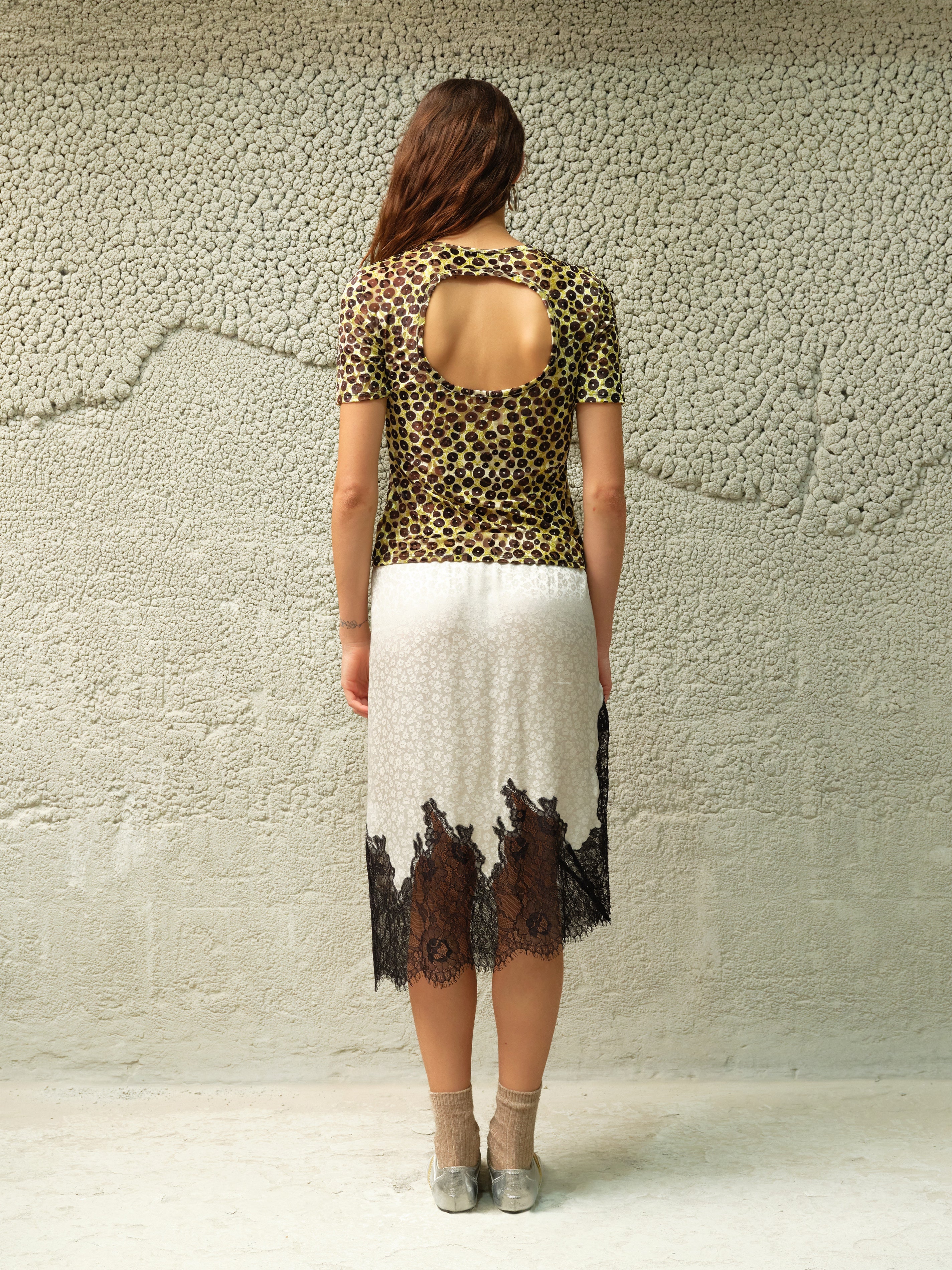 NELL - Satin lace trimmed midi skirt