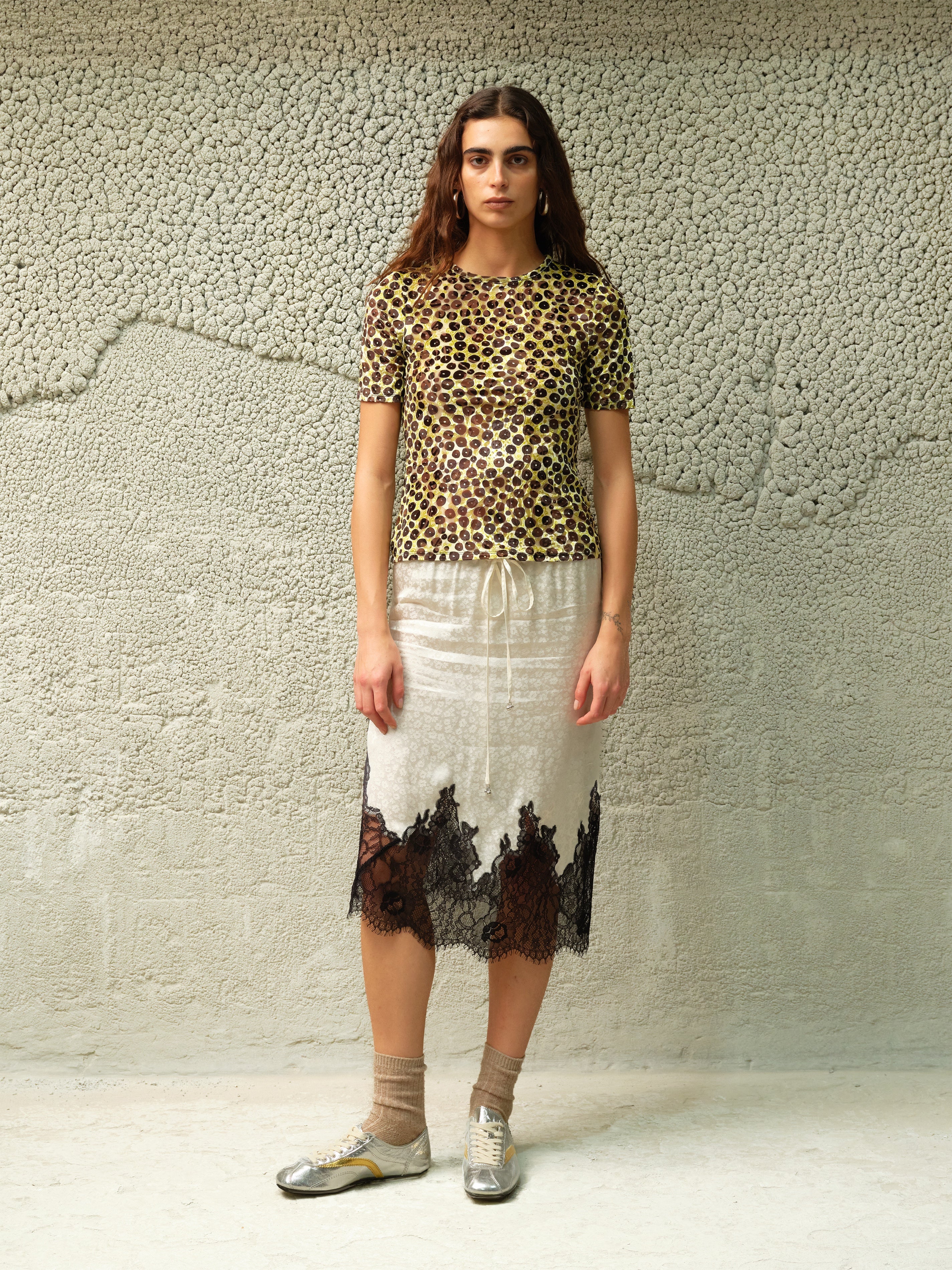 NELL - Satin lace trimmed midi skirt