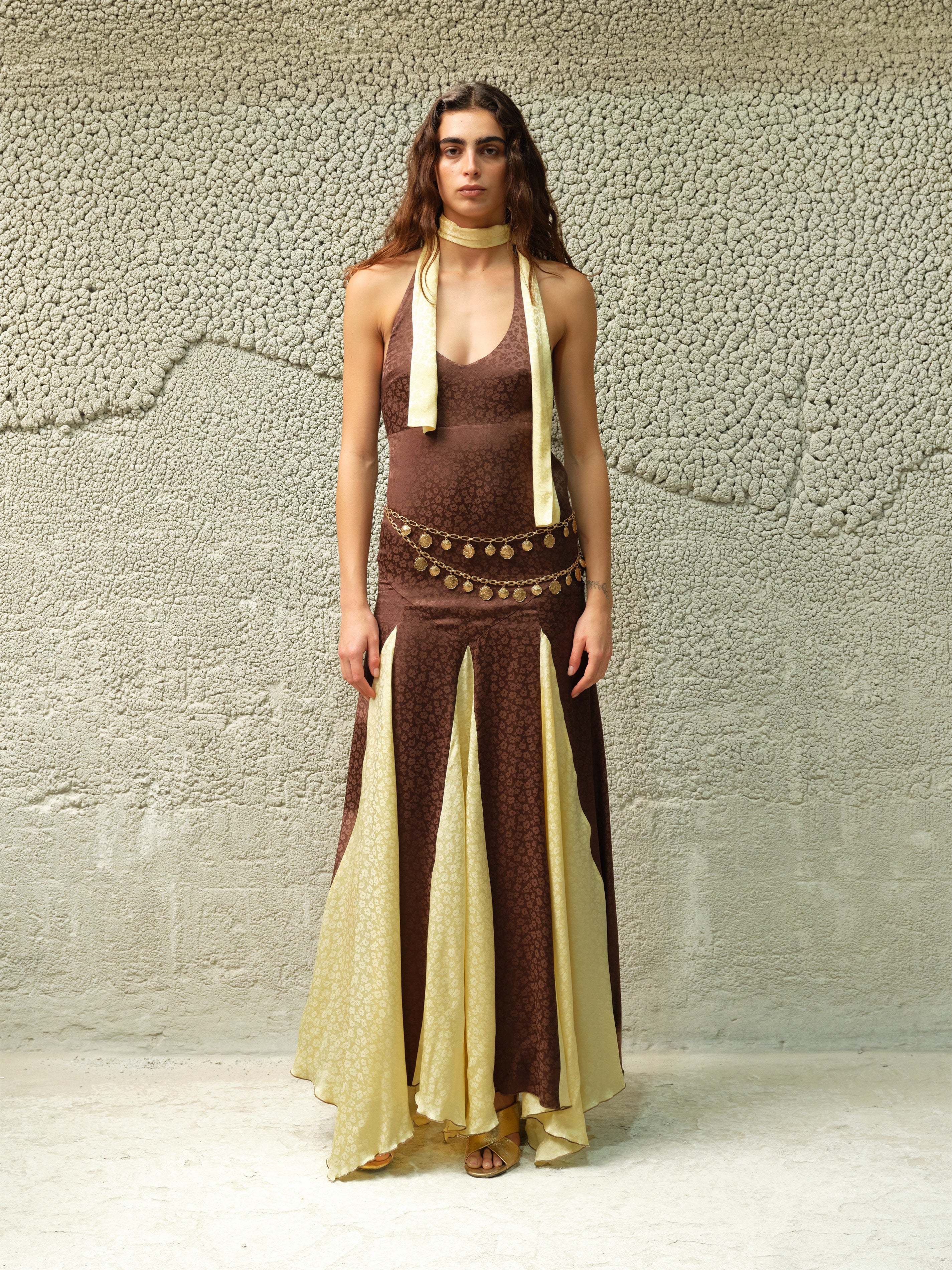 RAYE - Floral jacquard satin halter neck maxi dress