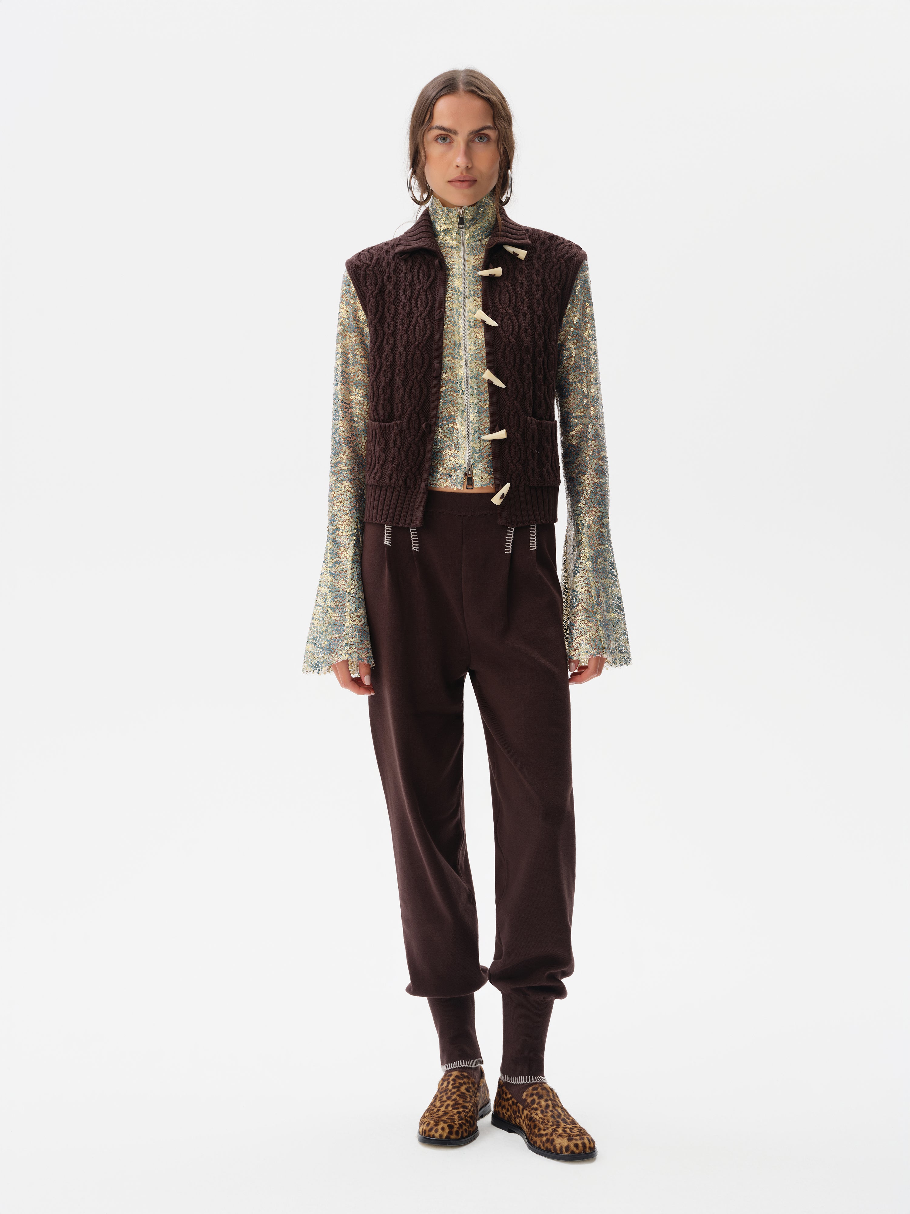 LESNA - High-neck cable knit vest with front pockets